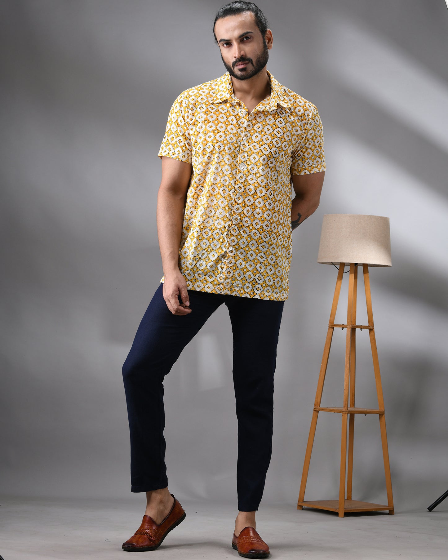 Moroccan Mosaic - Hand Block Print Half Sleeve Regular Collar Shirt 100% Cotton for Men (Unisex)