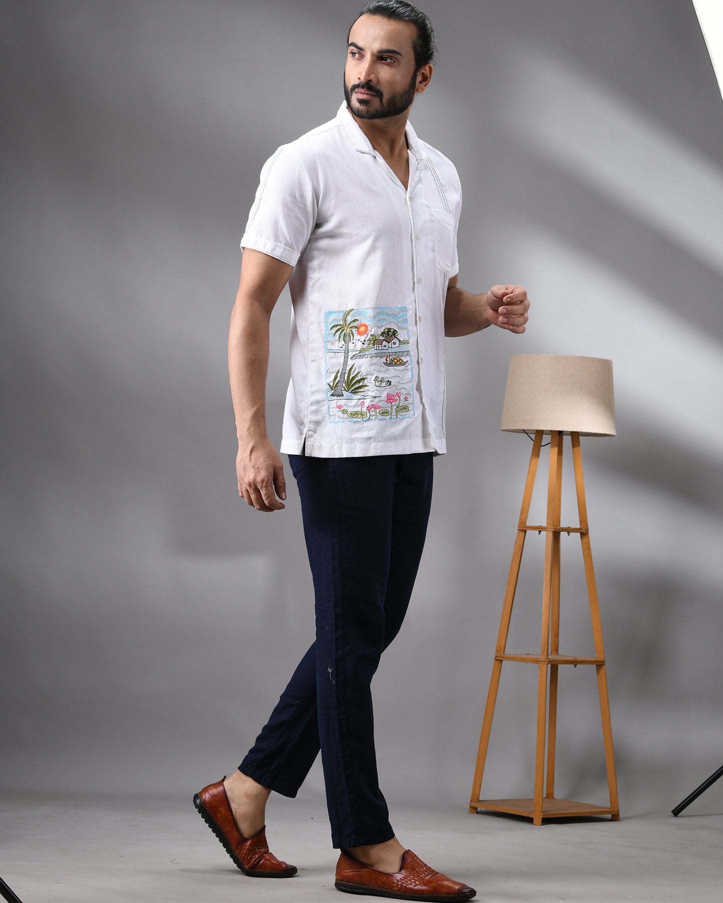Scenery - Thread Embroidery Half Sleeve Cuban Collar Shirt 100% Cotton for Men (Unisex)