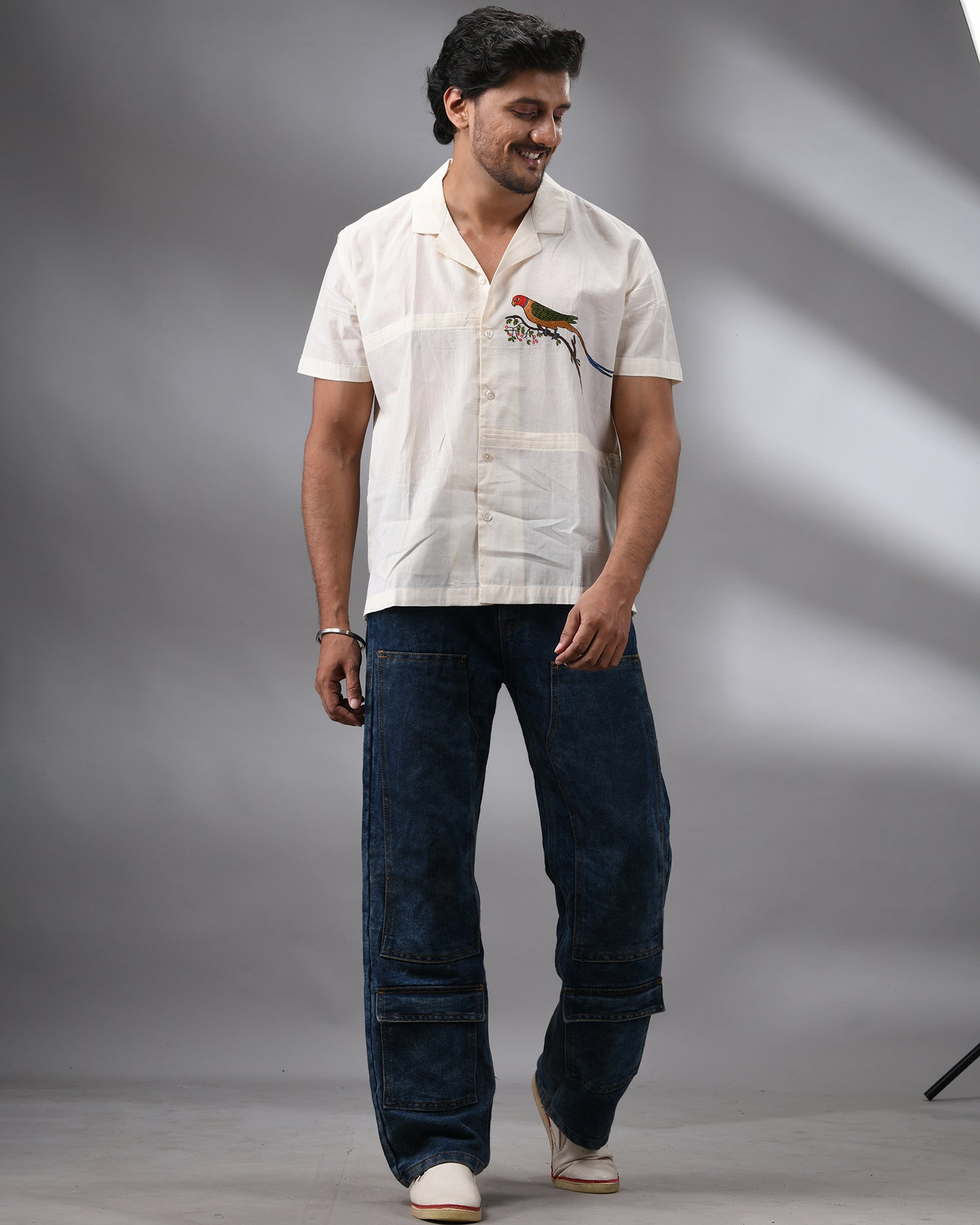 Parrot - Thread Embroidery Half Sleeve Cuban Collar Shirt 100% Cotton for Men (Unisex)
