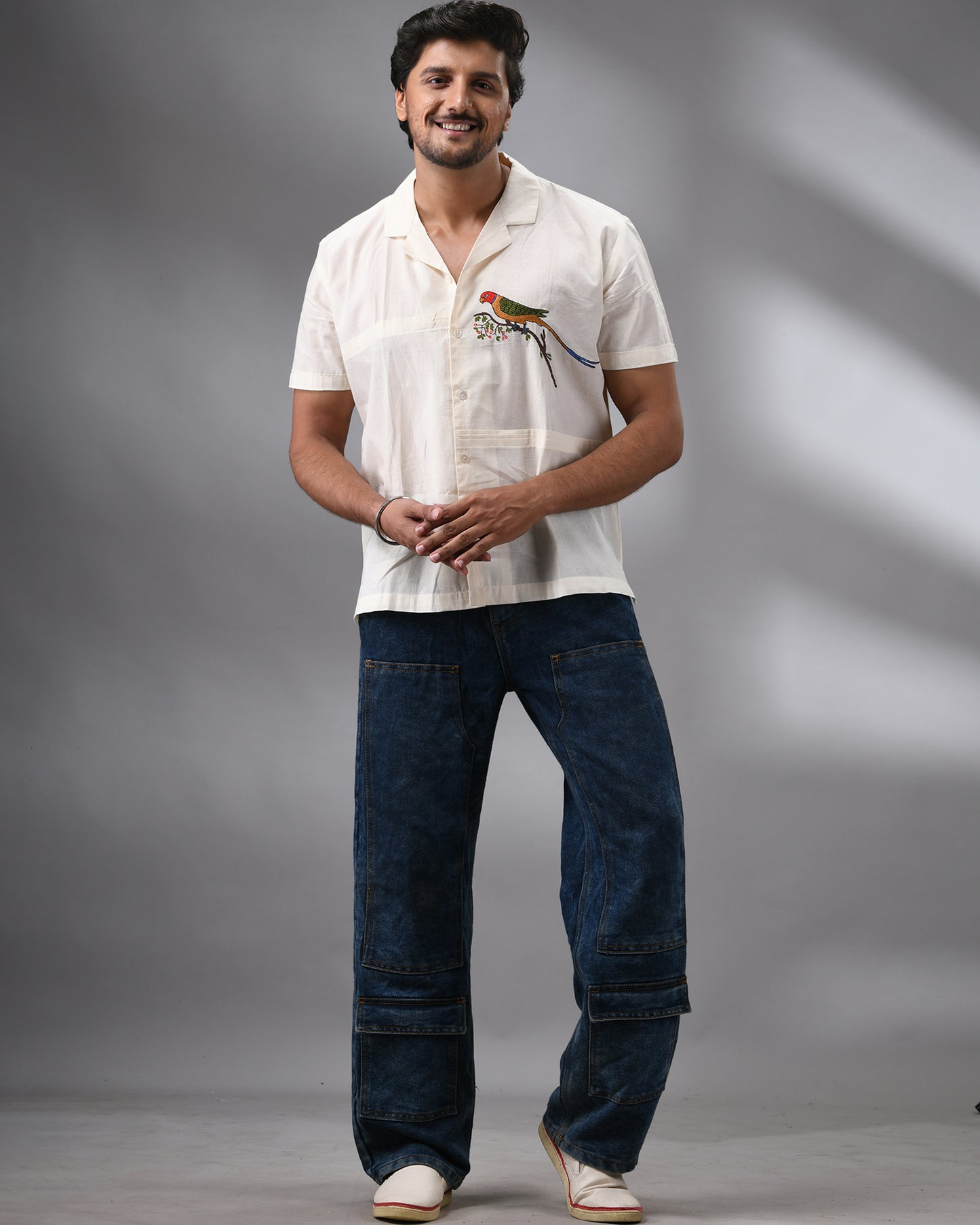Parrot - Thread Embroidery Half Sleeve Cuban Collar Shirt 100% Cotton for Men (Unisex)