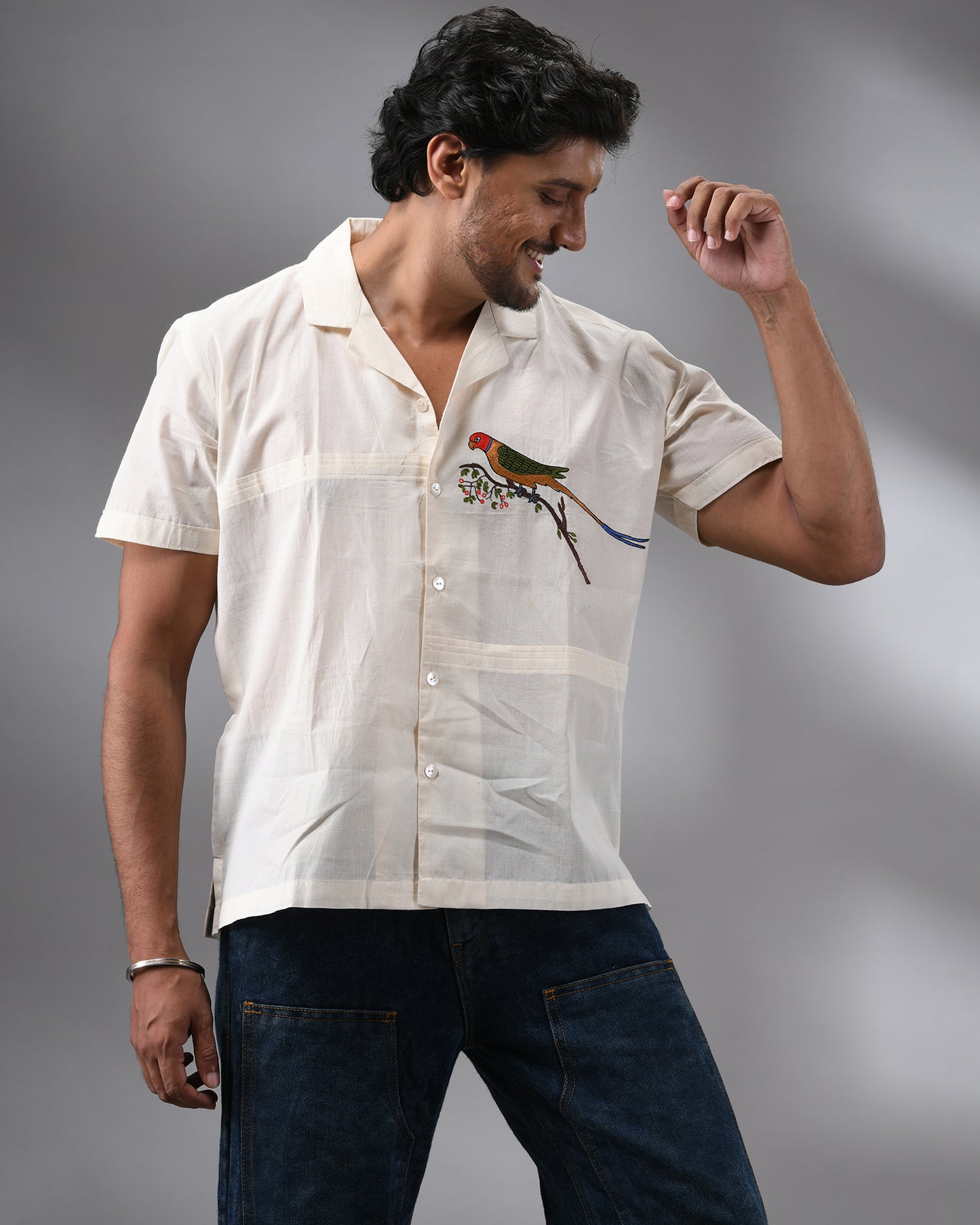 Parrot - Thread Embroidery Half Sleeve Cuban Collar Shirt 100% Cotton for Men (Unisex)