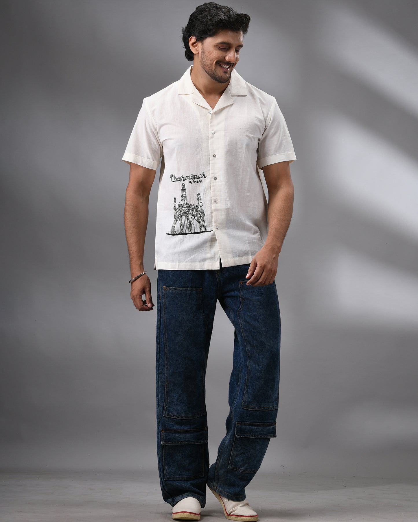 Charminar - Thread Embroidery Half Sleeve Cuban Collar Shirt 100% Cotton for Men (Unisex)