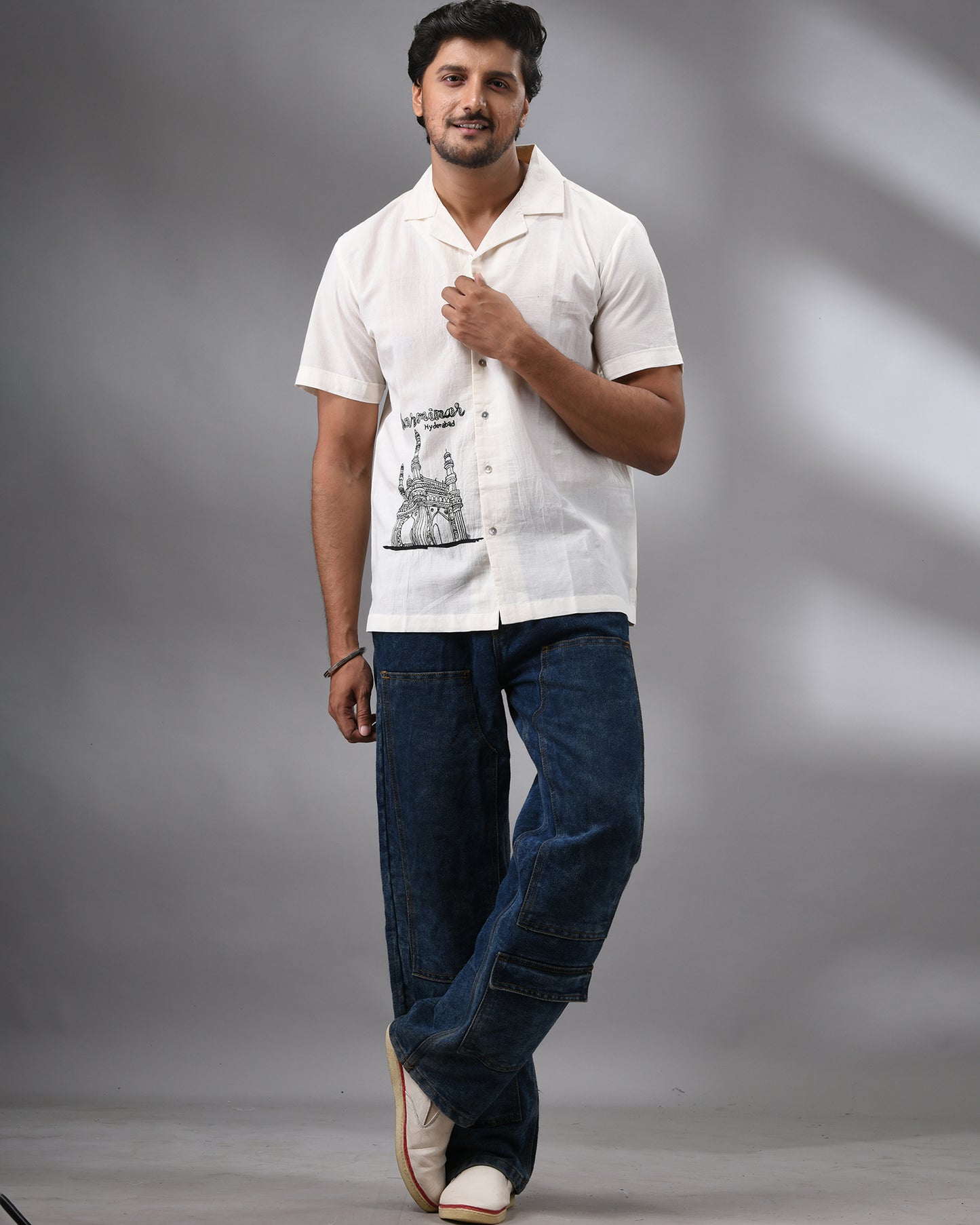 Charminar - Thread Embroidery Half Sleeve Cuban Collar Shirt 100% Cotton for Men (Unisex)