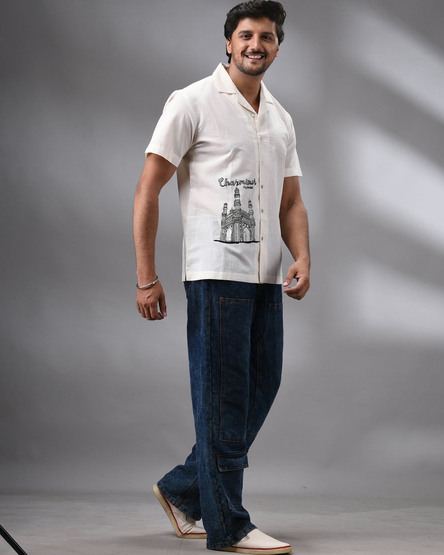 Charminar - Thread Embroidery Half Sleeve Cuban Collar Shirt 100% Cotton for Men (Unisex)