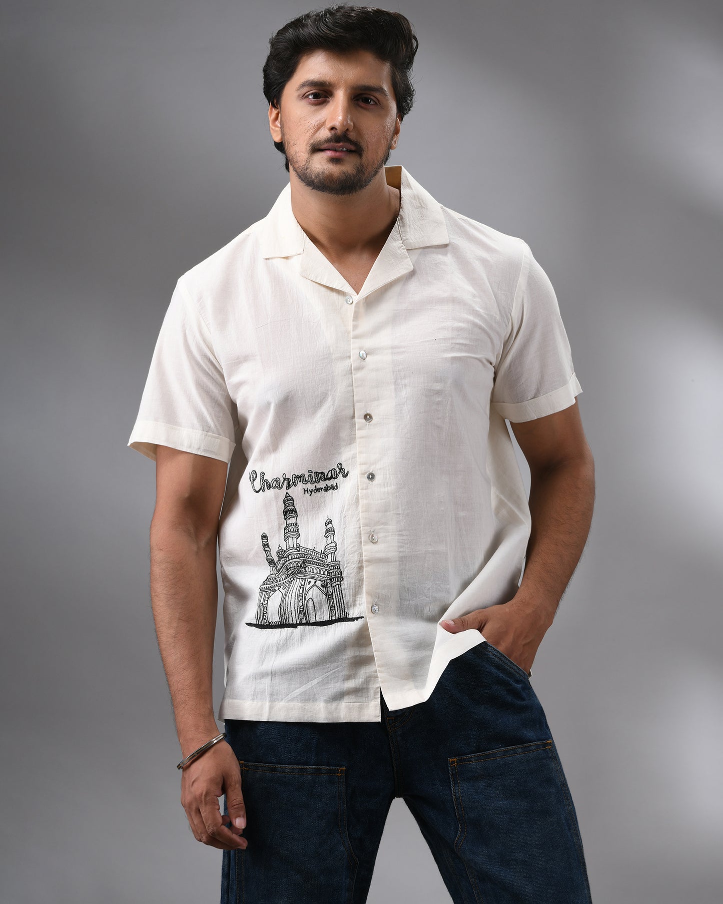 Charminar - Thread Embroidery Half Sleeve Cuban Collar Shirt 100% Cotton for Men (Unisex)