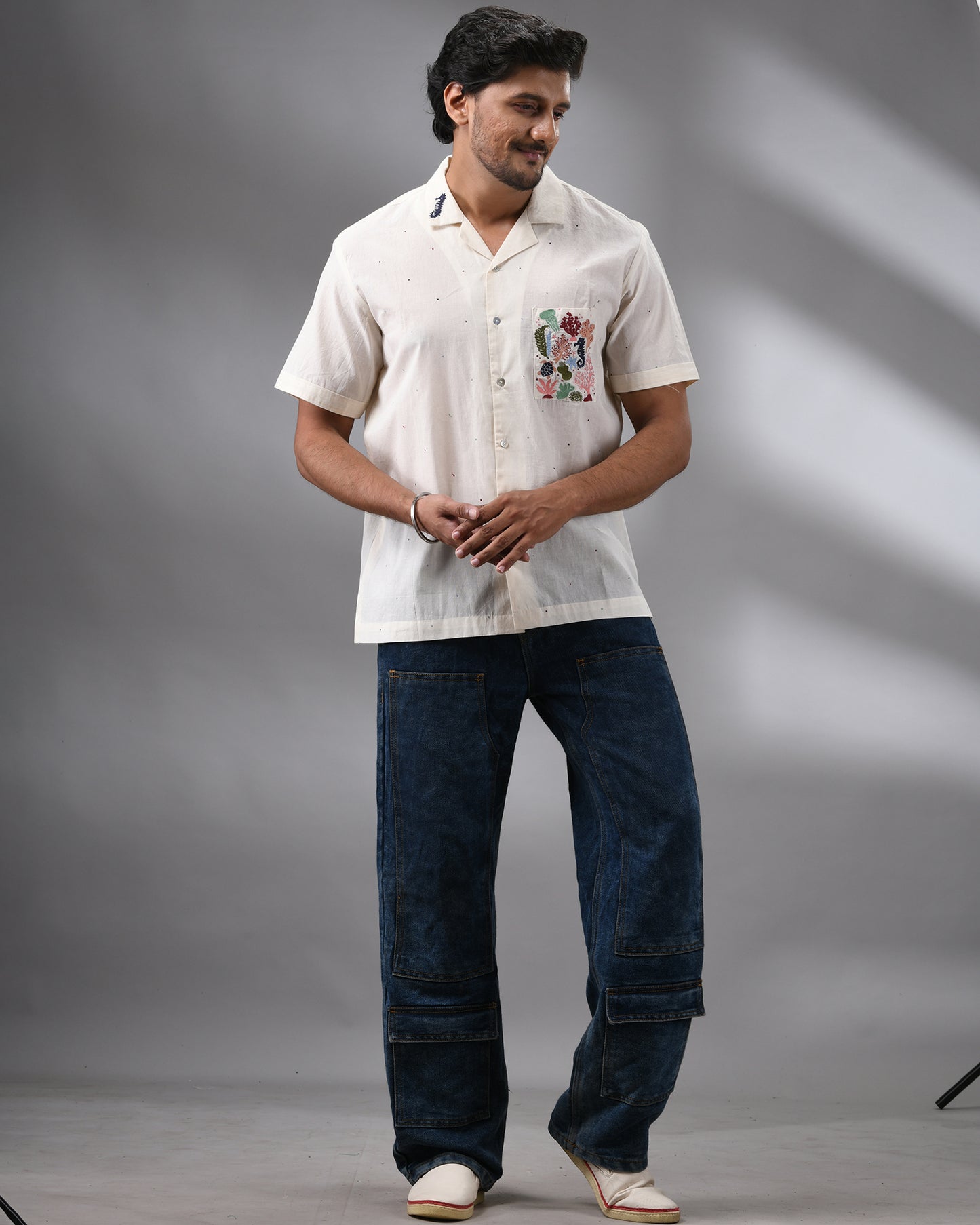 Ocean - Kora Thread Embroidery Half Sleeve Cuban Collar Shirt 100% Cotton for Men (Unisex)