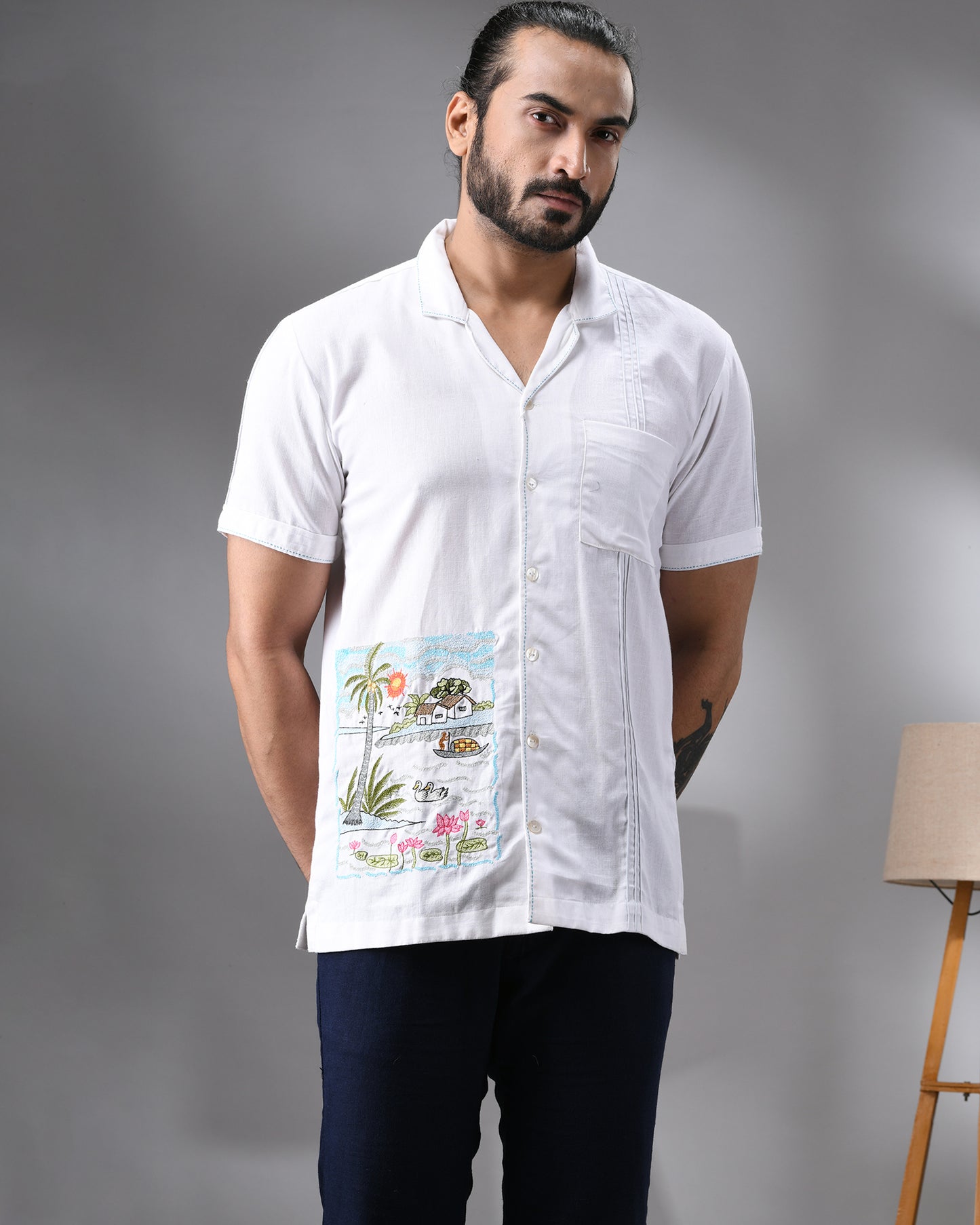 Scenery - Thread Embroidery Half Sleeve Cuban Collar Shirt 100% Cotton for Men (Unisex)