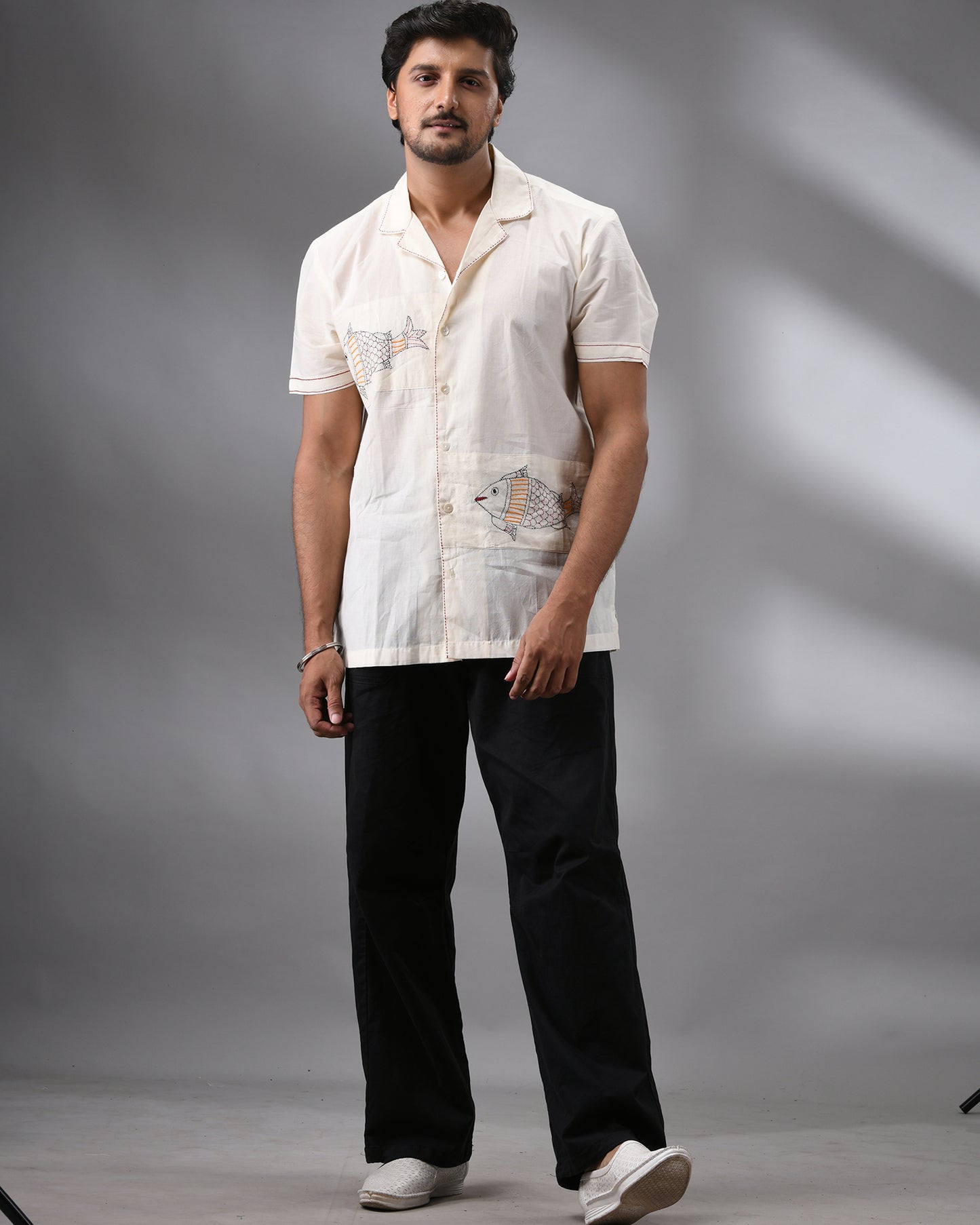 Machli - Kantha Hand Embroidery Half Sleeve Cuban Collar Shirt 100% Cotton for Men (Unisex)