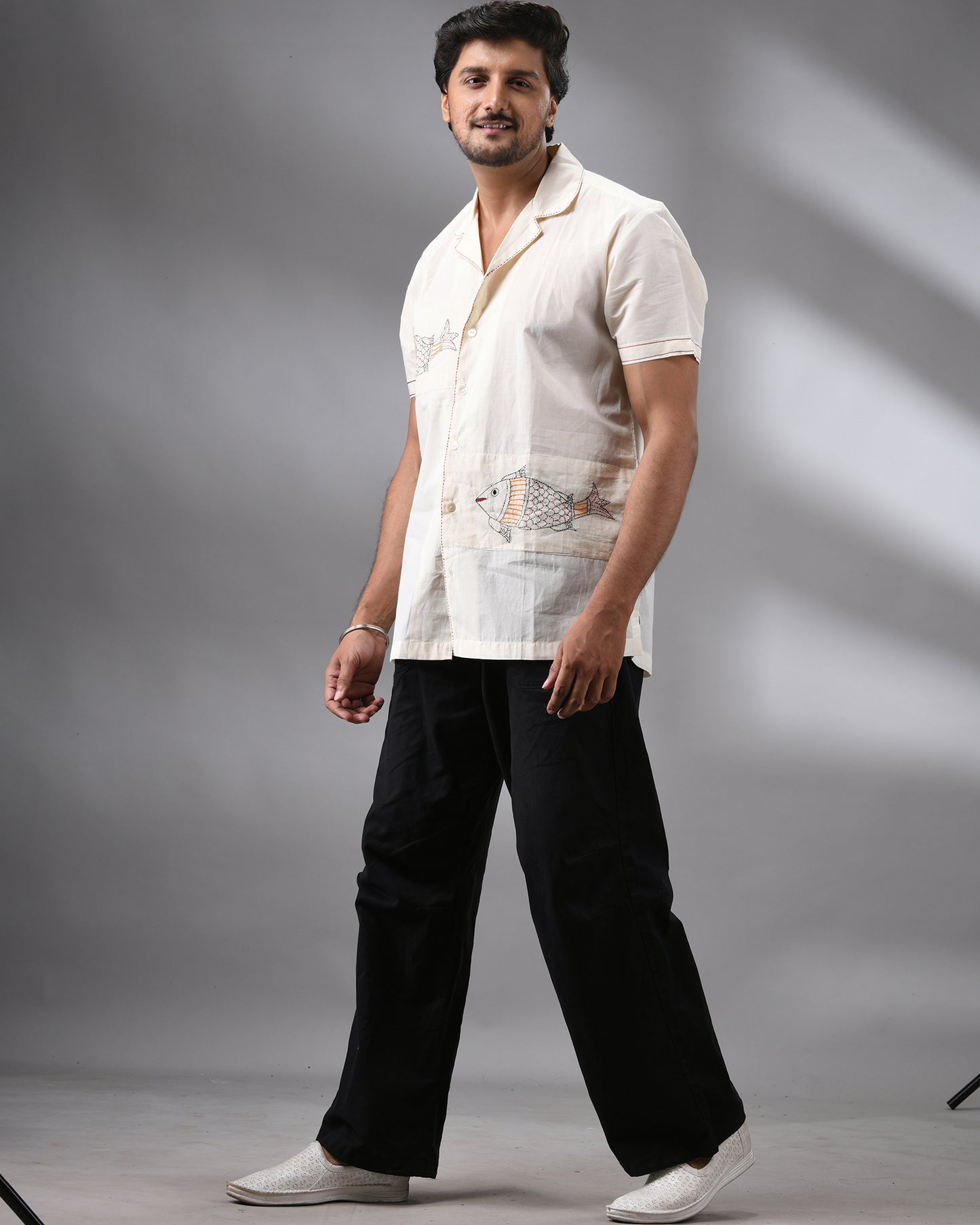 Machli - Kantha Hand Embroidery Half Sleeve Cuban Collar Shirt 100% Cotton for Men (Unisex)