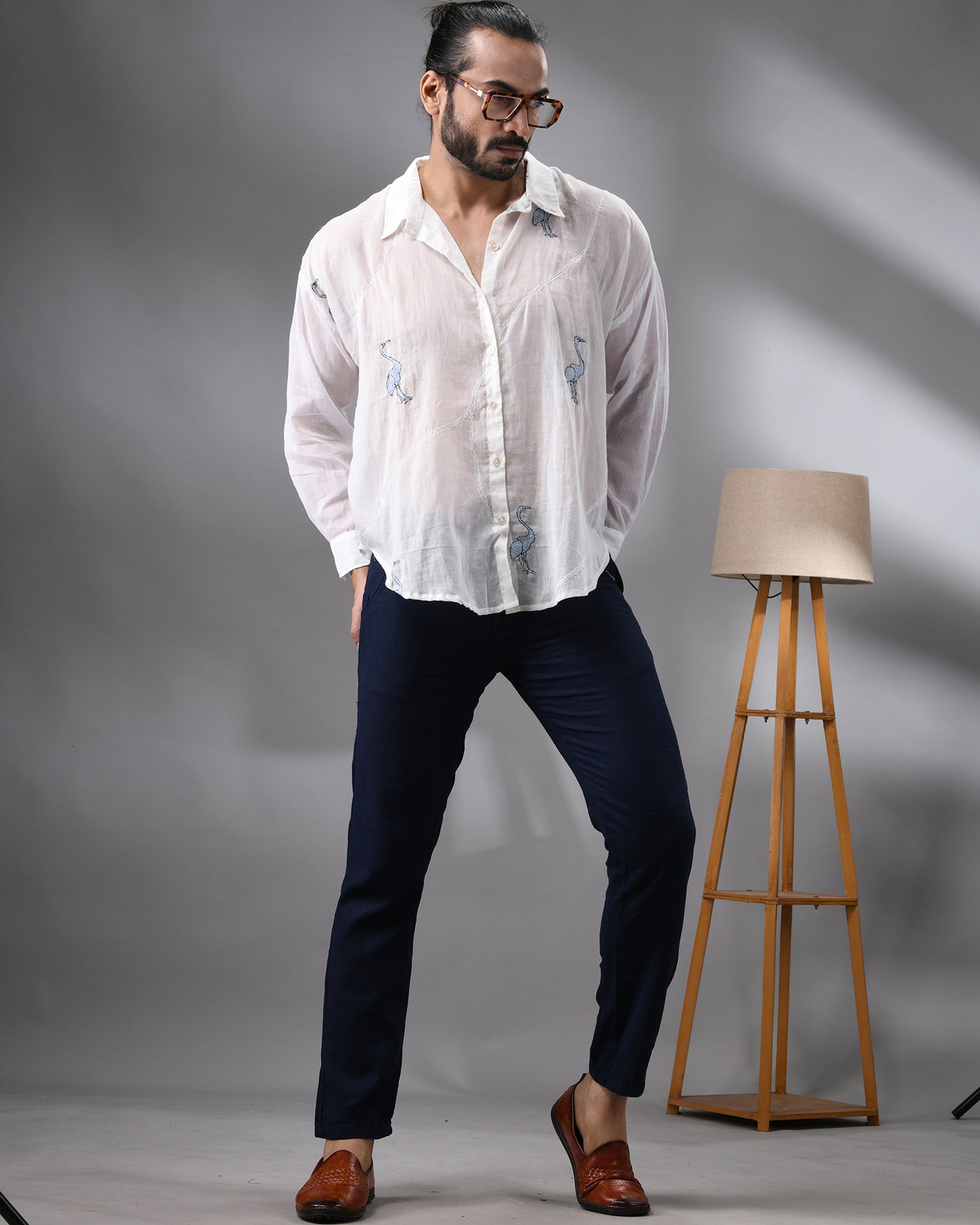 Mulmul Flamingo - Light Blue Kantha Hand Embroidery Full Sleeve Regular Collar Shirt 100% Cotton for Men (Unisex)