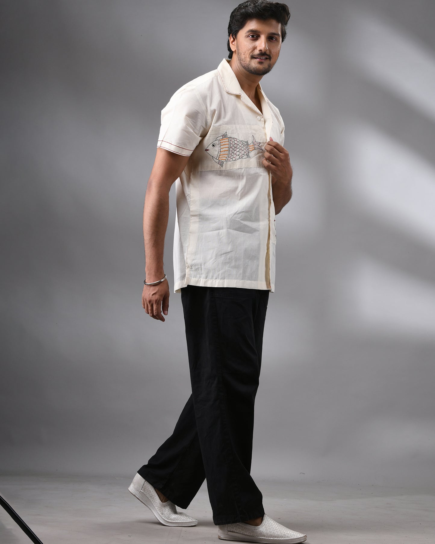 Machli - Kantha Hand Embroidery Half Sleeve Cuban Collar Shirt 100% Cotton for Men (Unisex)