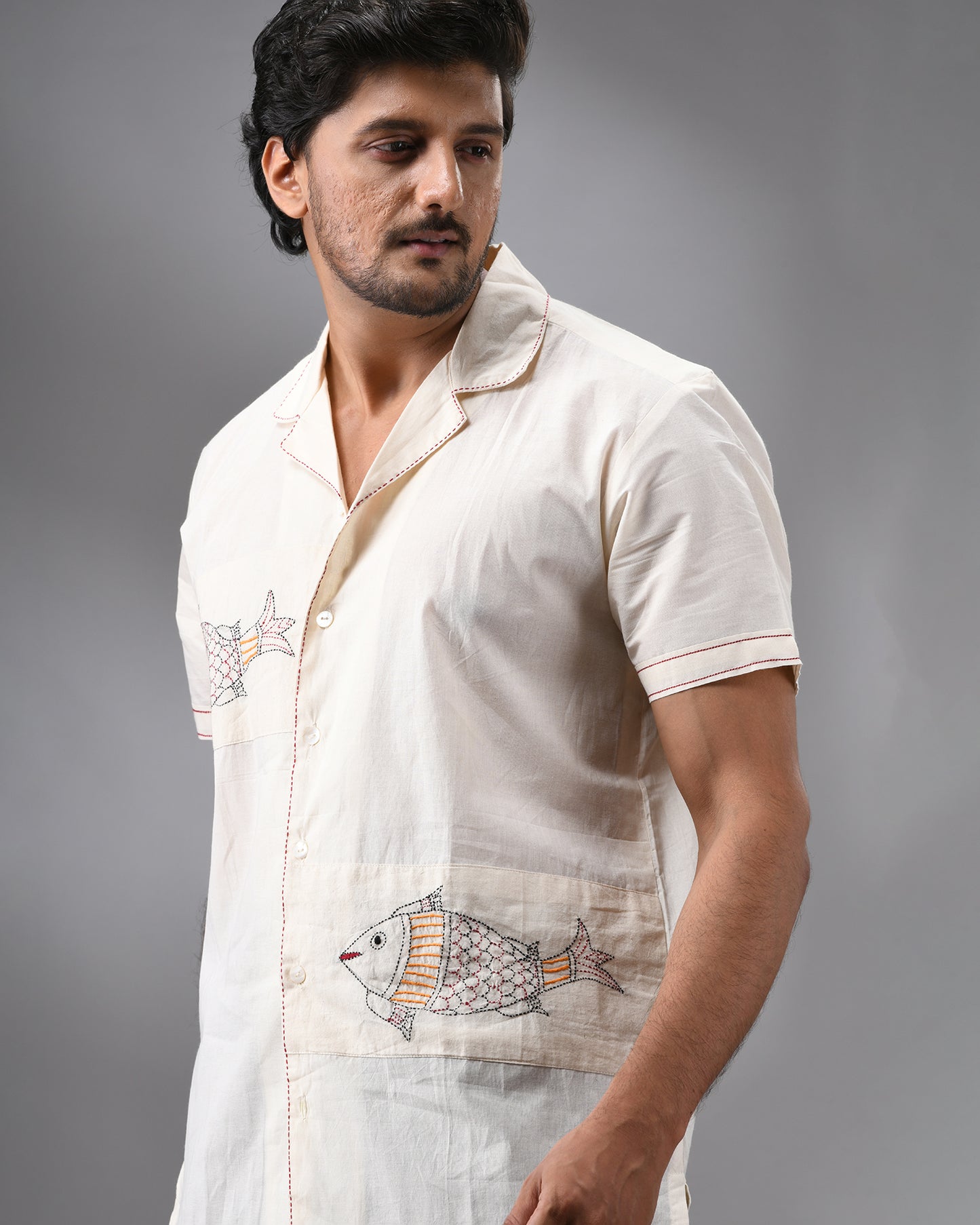 Machli - Kantha Hand Embroidery Half Sleeve Cuban Collar Shirt 100% Cotton for Men (Unisex)