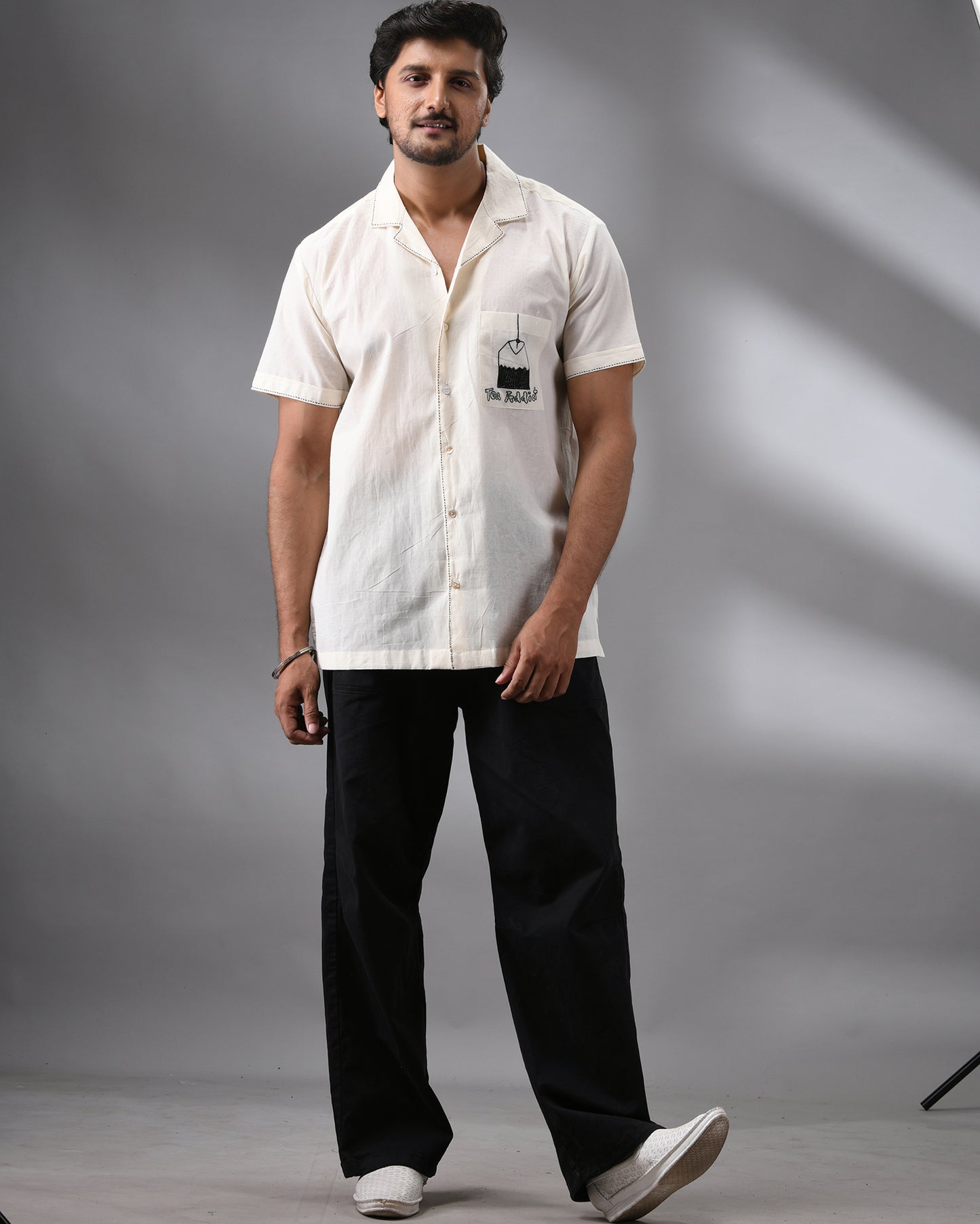 Tea Addict - Kora Thread Embroidery Half Sleeve Cuban Collar Shirt 100% Cotton for Men (Unisex)