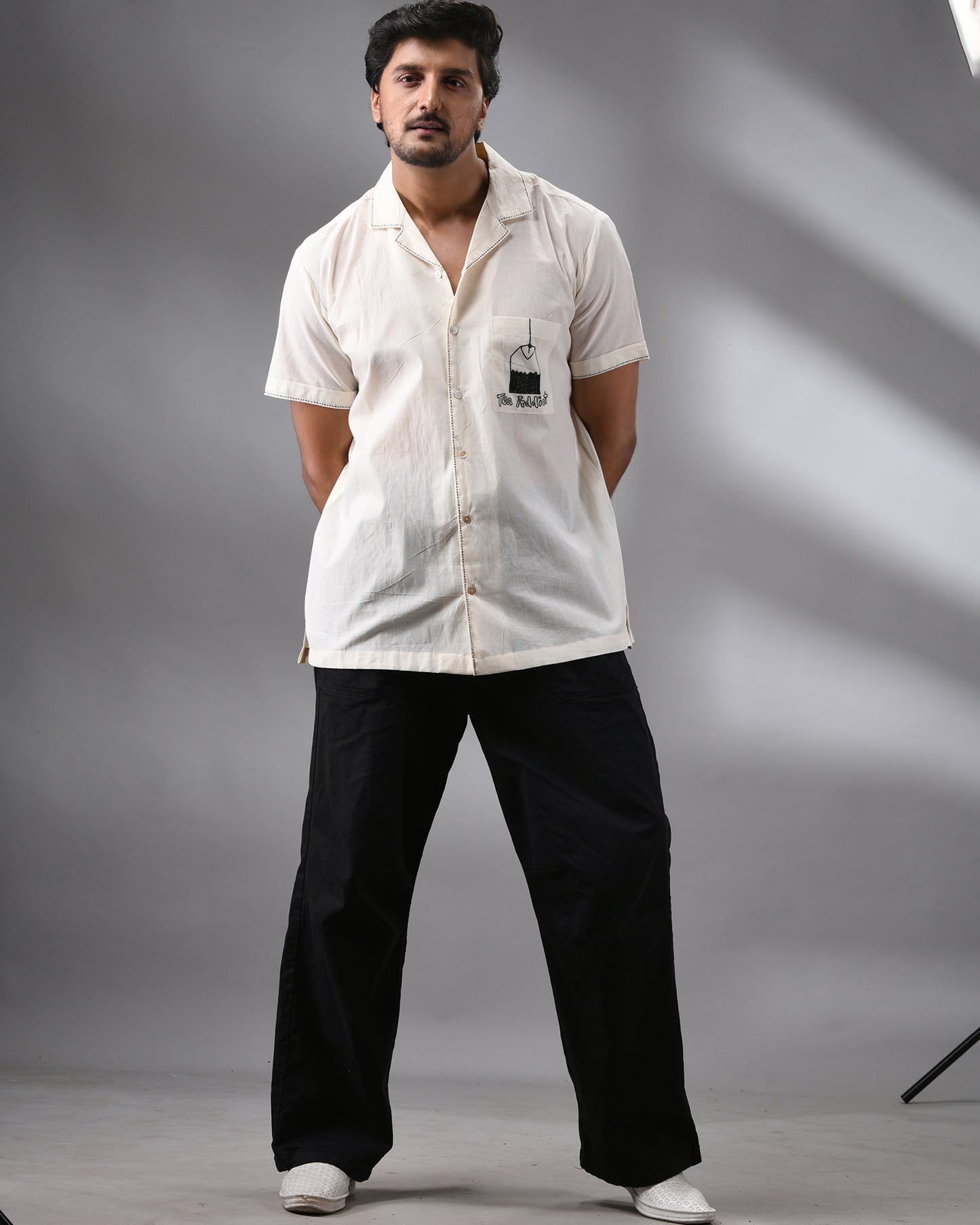 Tea Addict - Kora Thread Embroidery Half Sleeve Cuban Collar Shirt 100% Cotton for Men (Unisex)