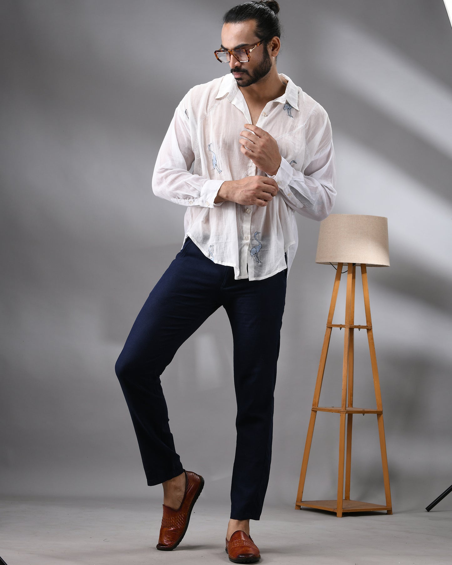 Mulmul Flamingo - Light Blue Kantha Hand Embroidery Full Sleeve Regular Collar Shirt 100% Cotton for Men (Unisex)