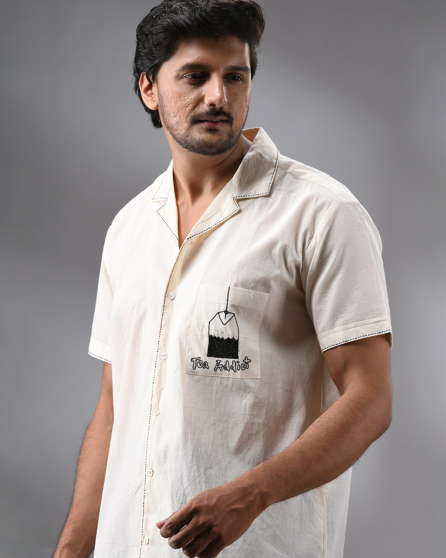 Tea Addict - Kora Thread Embroidery Half Sleeve Cuban Collar Shirt 100% Cotton for Men (Unisex)