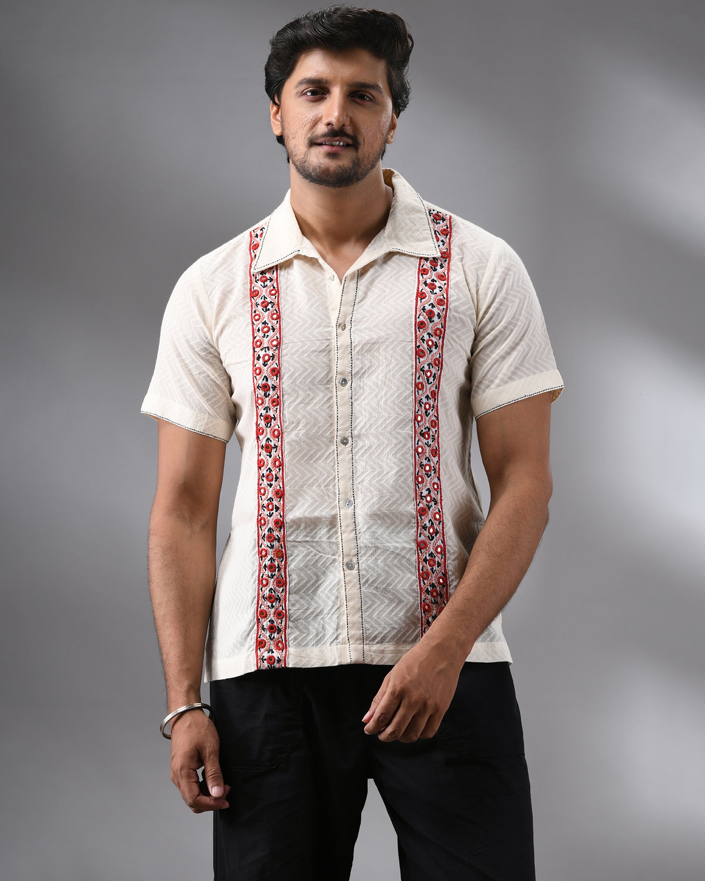 Mirror - Hand Embroidery Half Sleeve Regular Collar Shirt 100% Cotton for Men (Unisex)