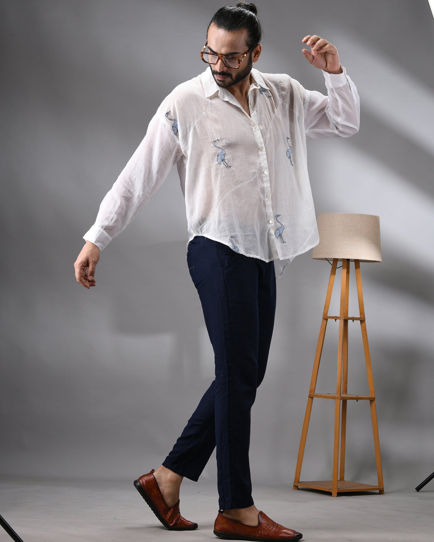 Mulmul Flamingo - Light Blue Kantha Hand Embroidery Full Sleeve Regular Collar Shirt 100% Cotton for Men (Unisex)