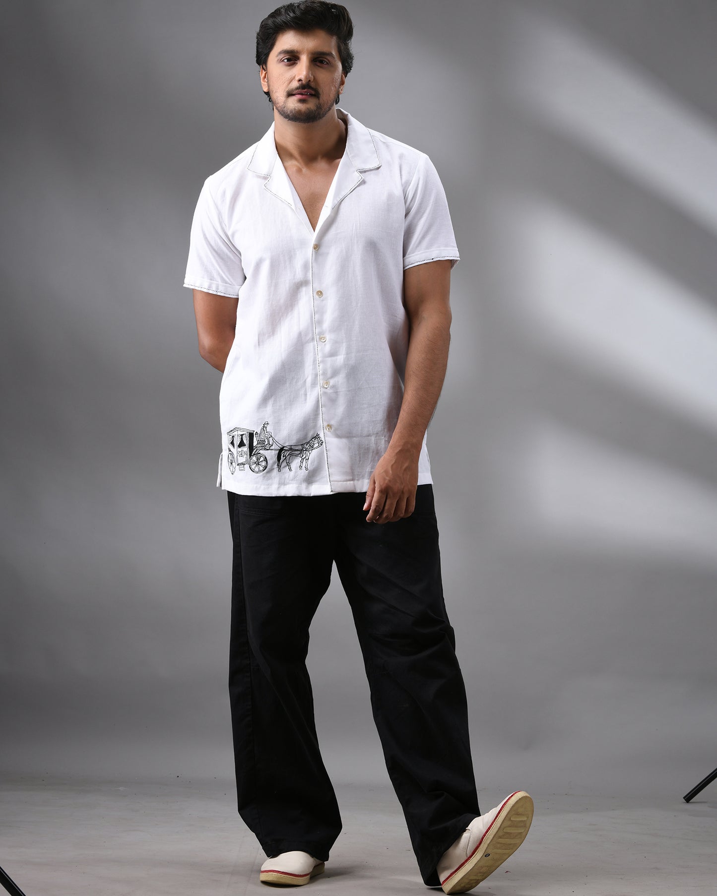 Ekka Gari - Khadi White Thread Embroidery Half Sleeve Cuban Collar Shirt 100% Cotton for Men (Unisex)