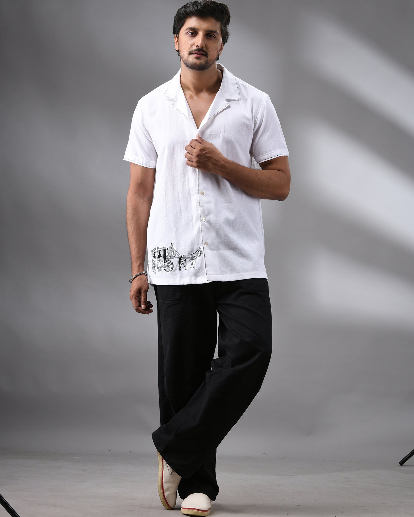 Ekka Gari - Khadi White Thread Embroidery Half Sleeve Cuban Collar Shirt 100% Cotton for Men (Unisex)