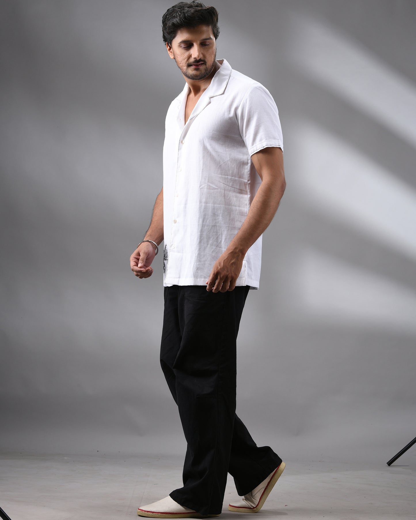 Ekka Gari - Khadi White Thread Embroidery Half Sleeve Cuban Collar Shirt 100% Cotton for Men (Unisex)