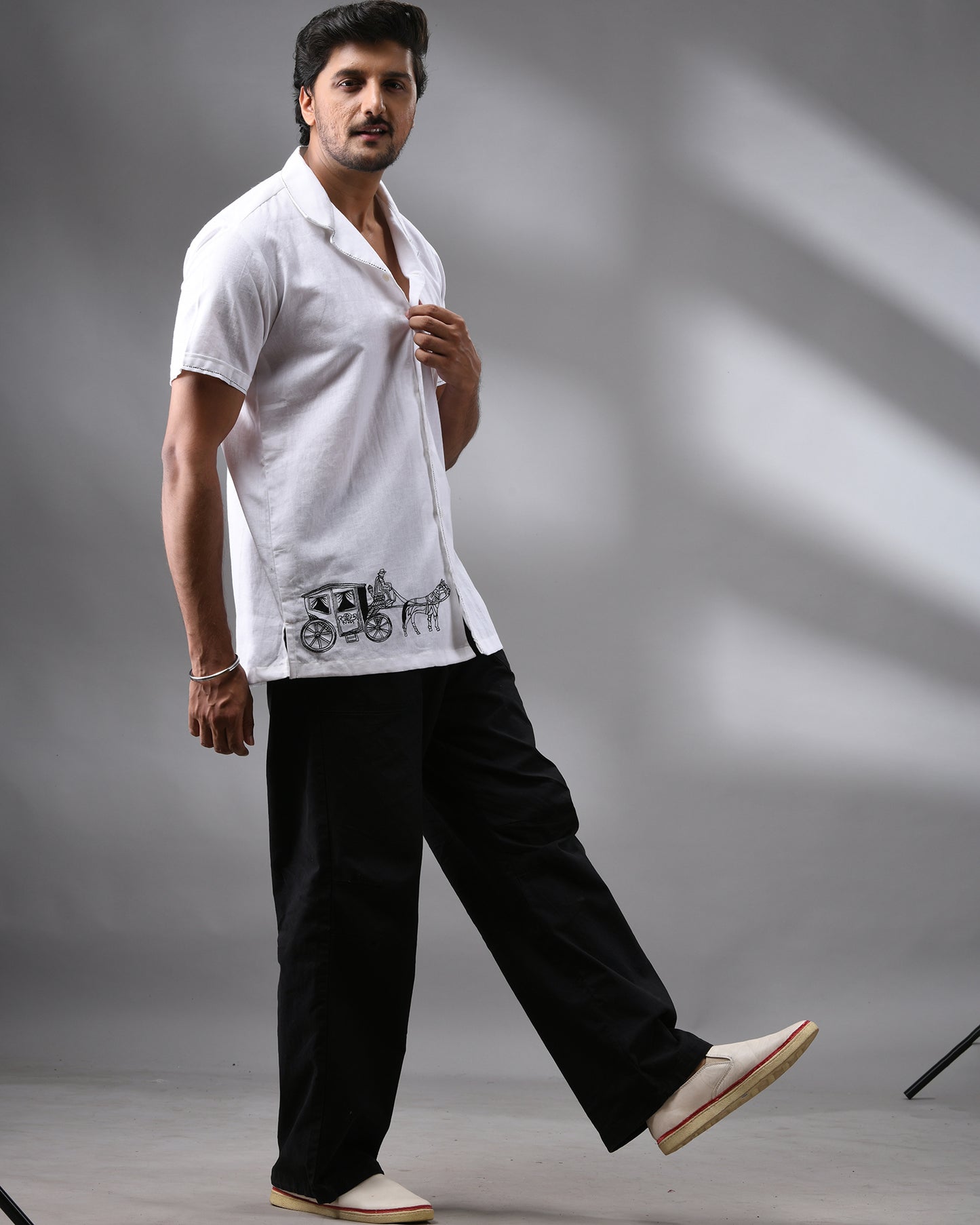 Ekka Gari - Khadi White Thread Embroidery Half Sleeve Cuban Collar Shirt 100% Cotton for Men (Unisex)