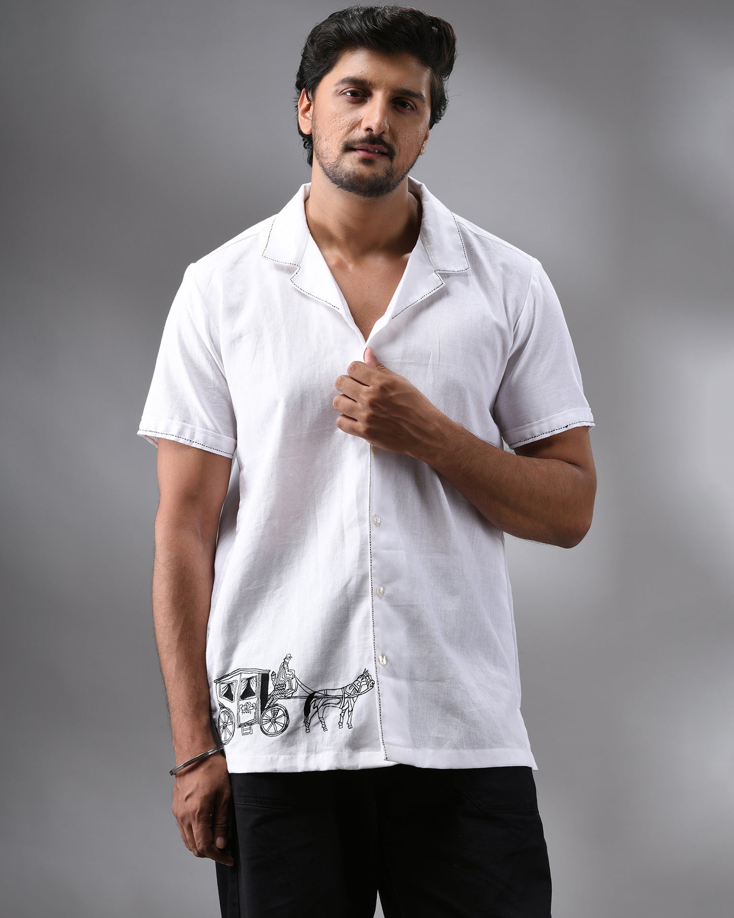 Ekka Gari - Khadi White Thread Embroidery Half Sleeve Cuban Collar Shirt 100% Cotton for Men (Unisex)