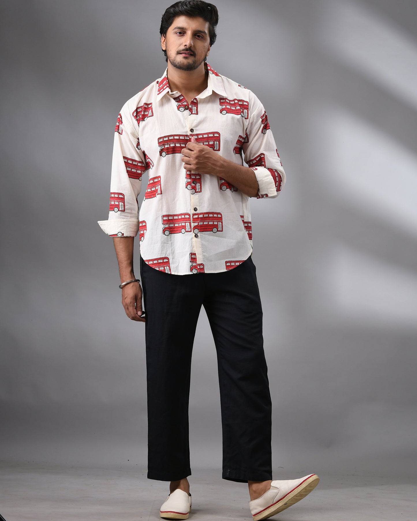 Double Decker - Hand Block Print Full Sleeve Regular Collar Shirt 100% Cotton for Men (Unisex)