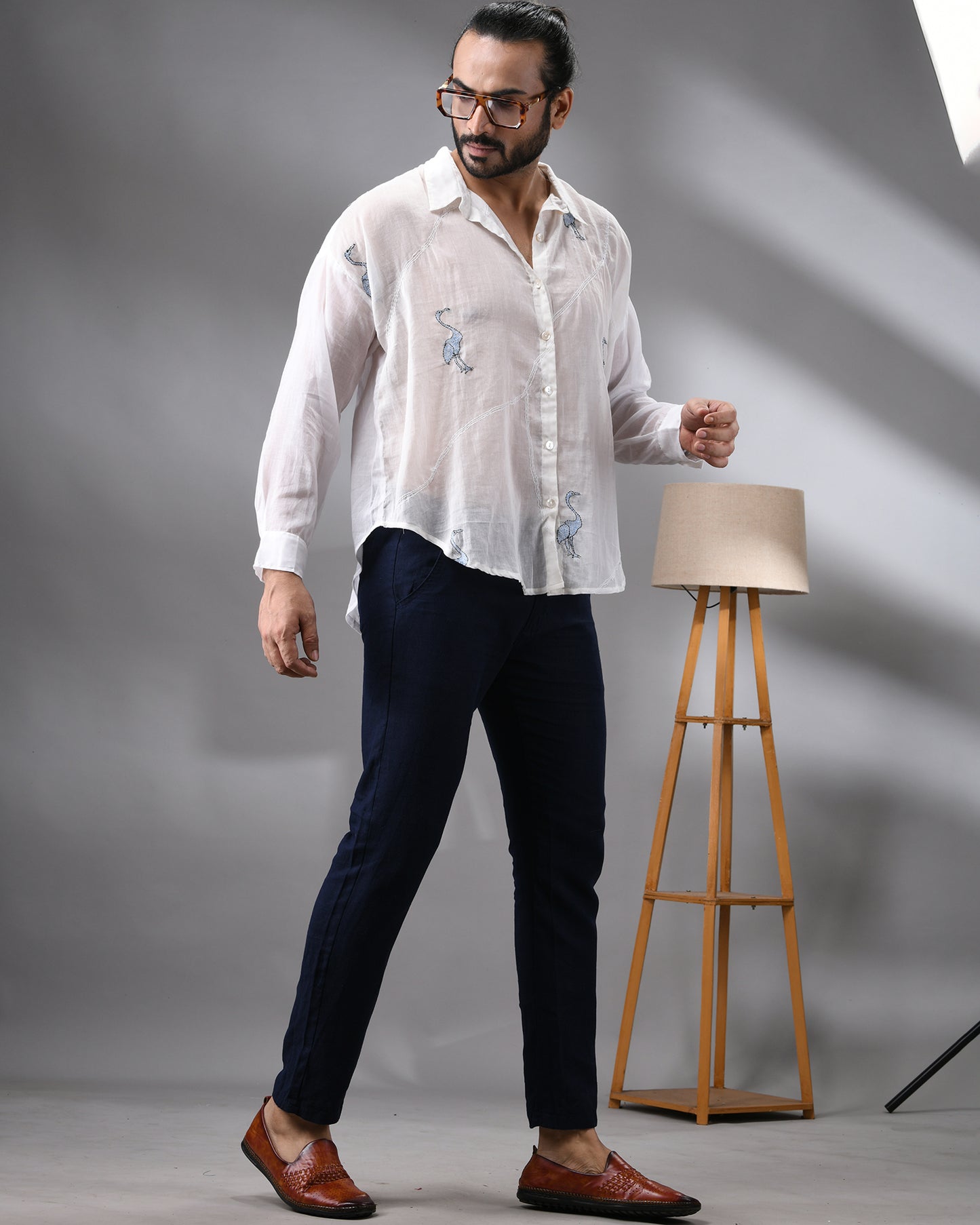 Mulmul Flamingo - Light Blue Kantha Hand Embroidery Full Sleeve Regular Collar Shirt 100% Cotton for Men (Unisex)