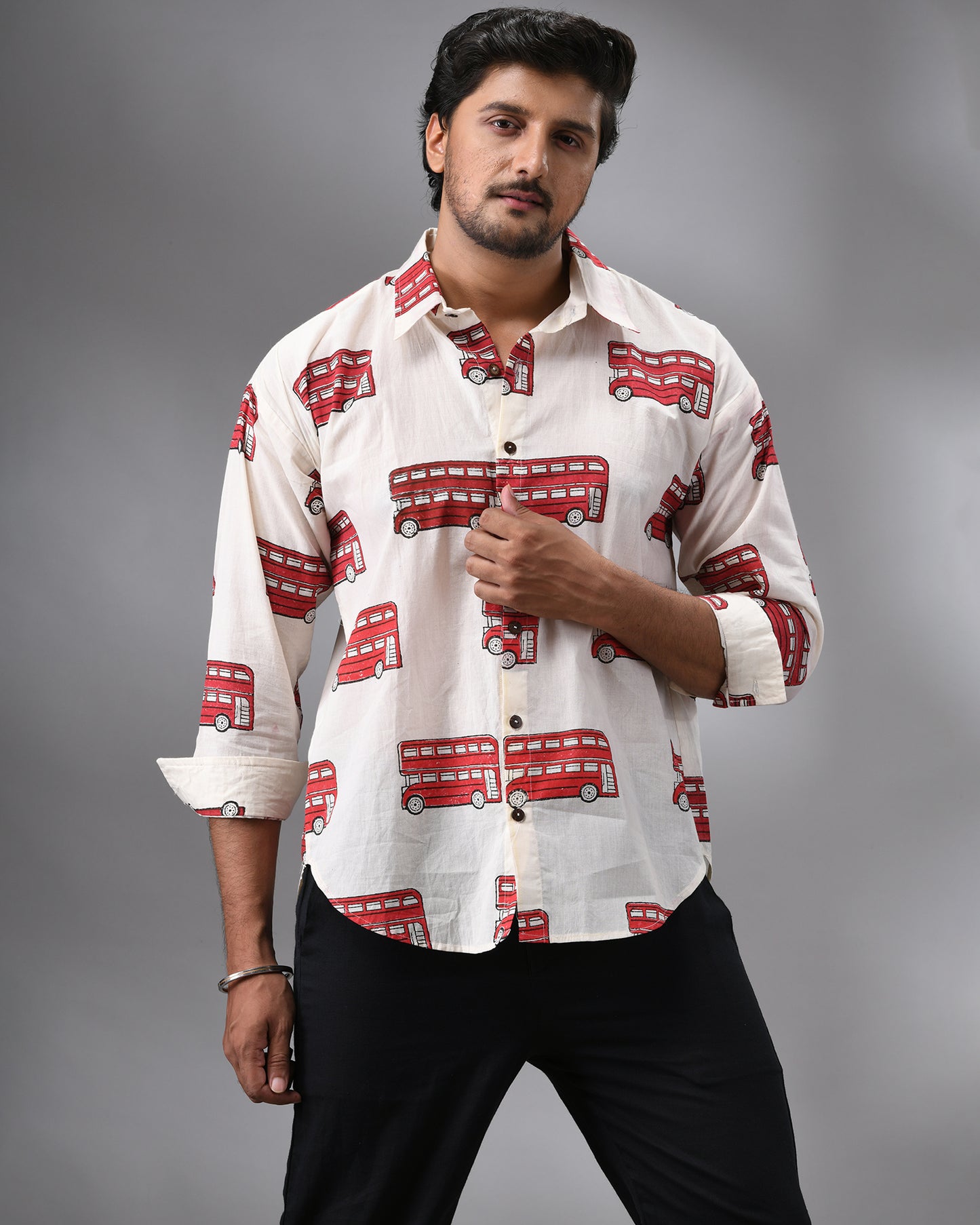 Double Decker - Hand Block Print Full Sleeve Regular Collar Shirt 100% Cotton for Men (Unisex)