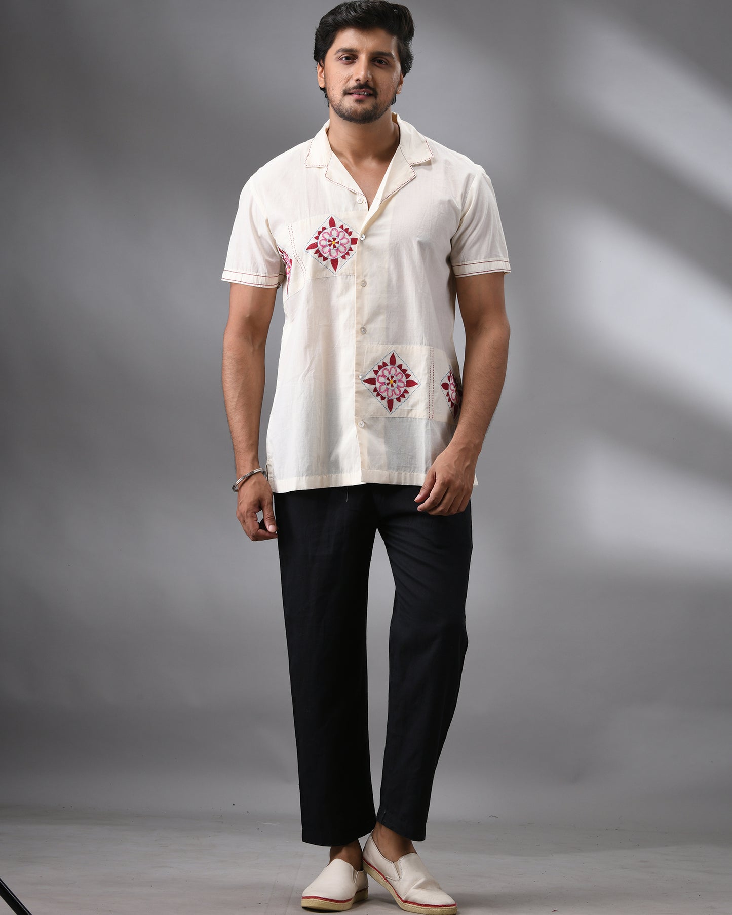 Barfi - Kantha Hand Embroidery Half Sleeve Cuban Collar Shirt 100% Cotton for Men (Unisex)