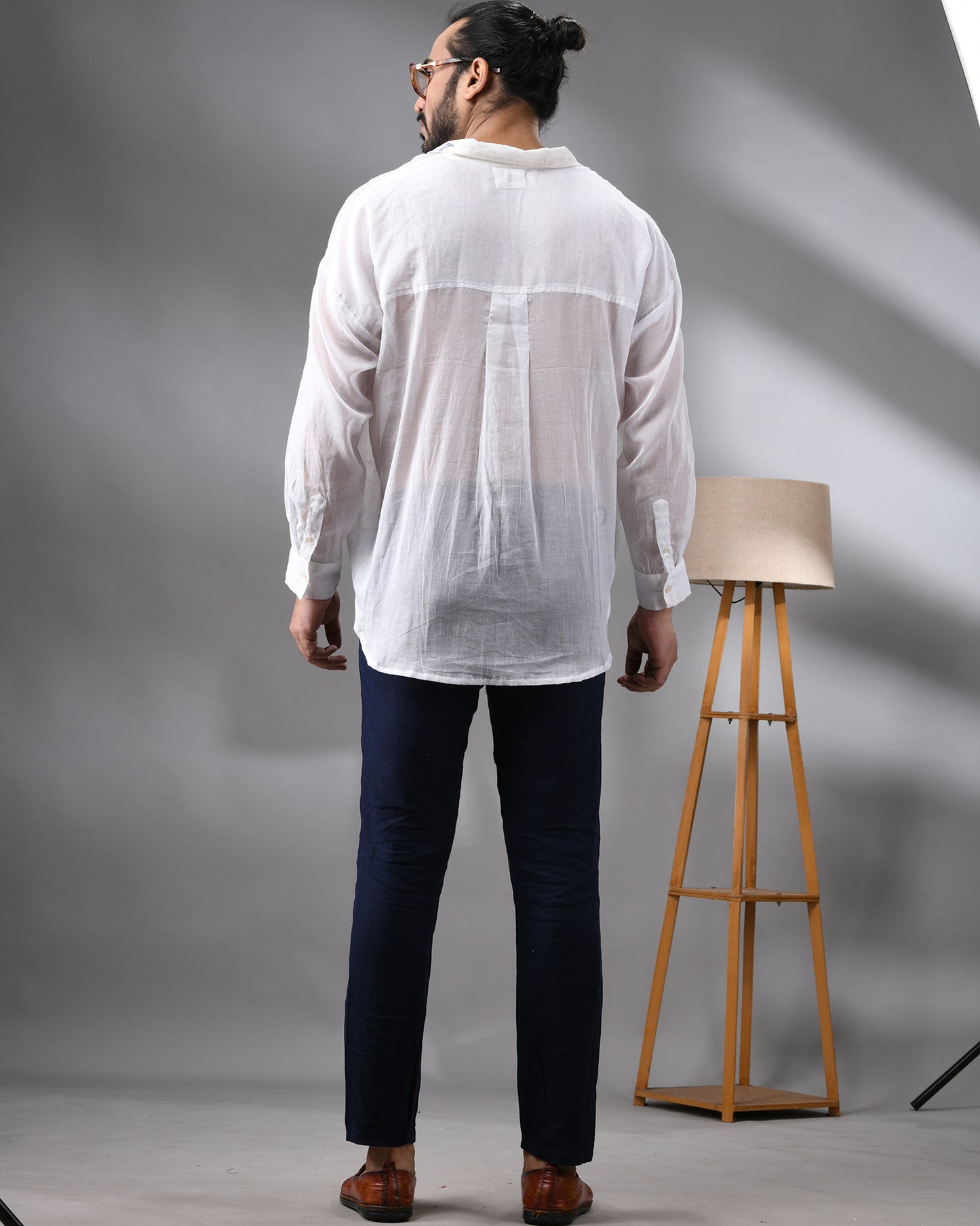 Mulmul Flamingo - Light Blue Kantha Hand Embroidery Full Sleeve Regular Collar Shirt 100% Cotton for Men (Unisex)