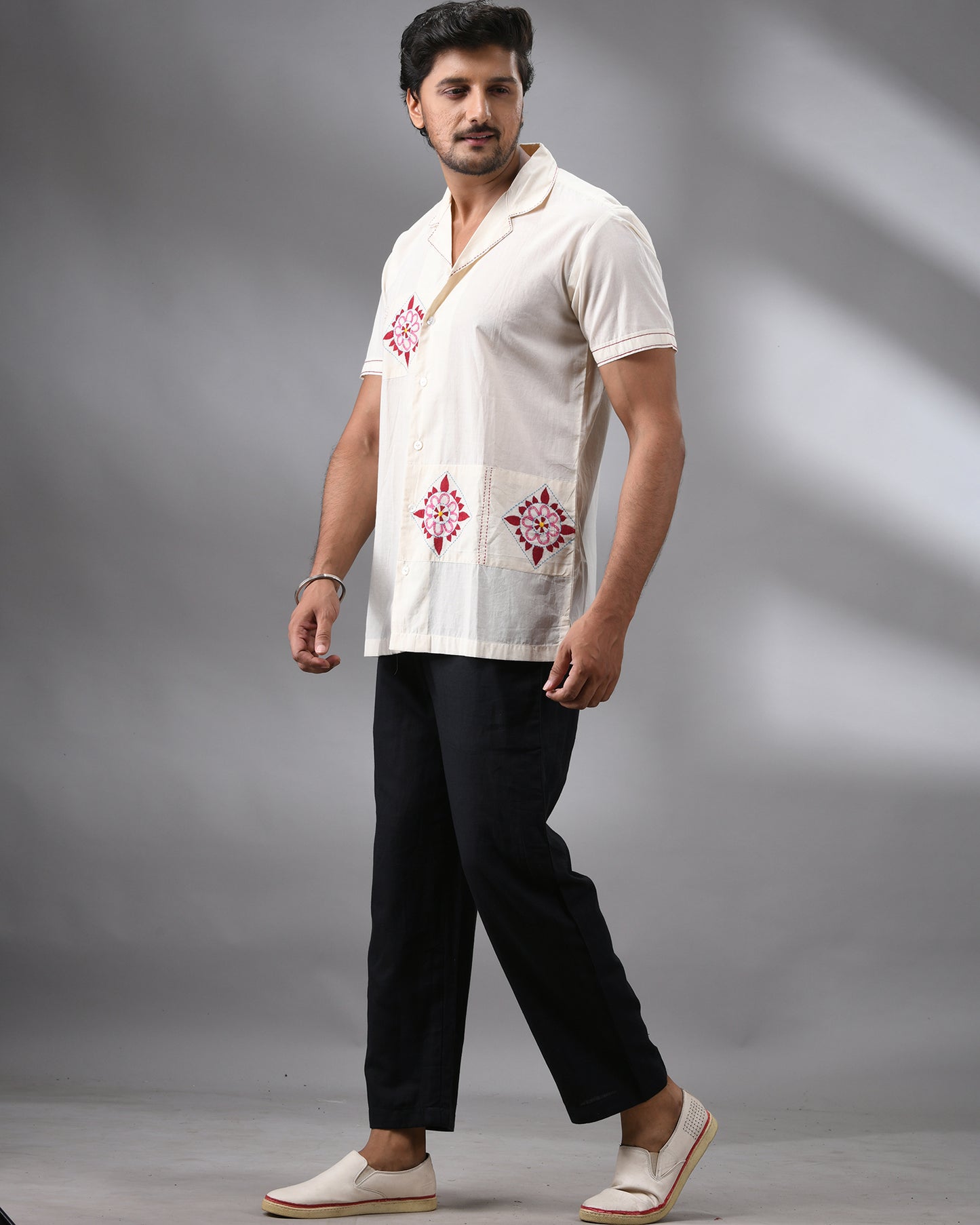 Barfi - Kantha Hand Embroidery Half Sleeve Cuban Collar Shirt 100% Cotton for Men (Unisex)