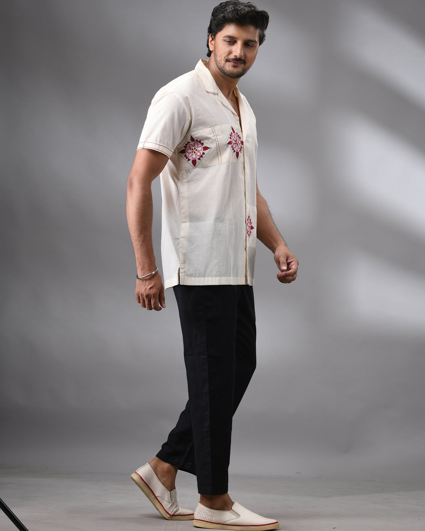 Barfi - Kantha Hand Embroidery Half Sleeve Cuban Collar Shirt 100% Cotton for Men (Unisex)