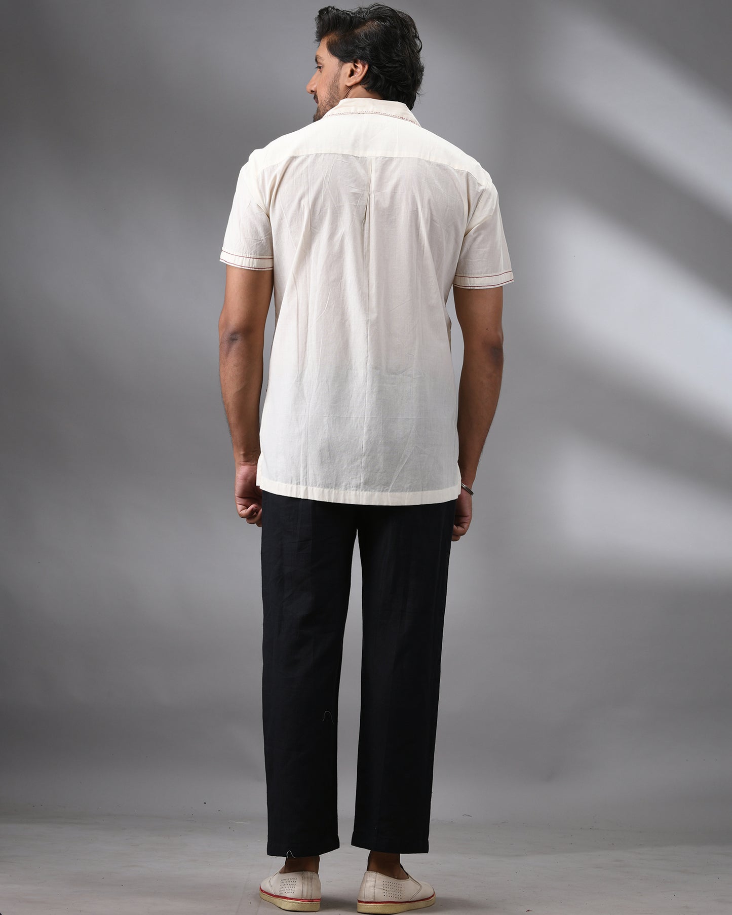 Barfi - Kantha Hand Embroidery Half Sleeve Cuban Collar Shirt 100% Cotton for Men (Unisex)