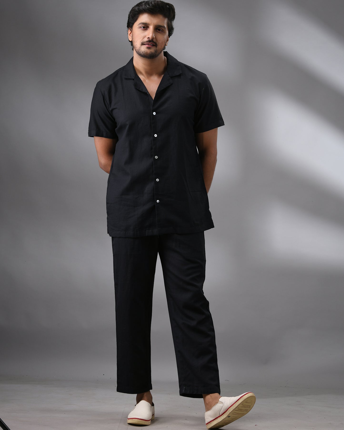 Khadi Black Co-ord Set Half Sleeve Cuban Collar Shirt and Full Pant 100% Cotton for Men (Unisex)