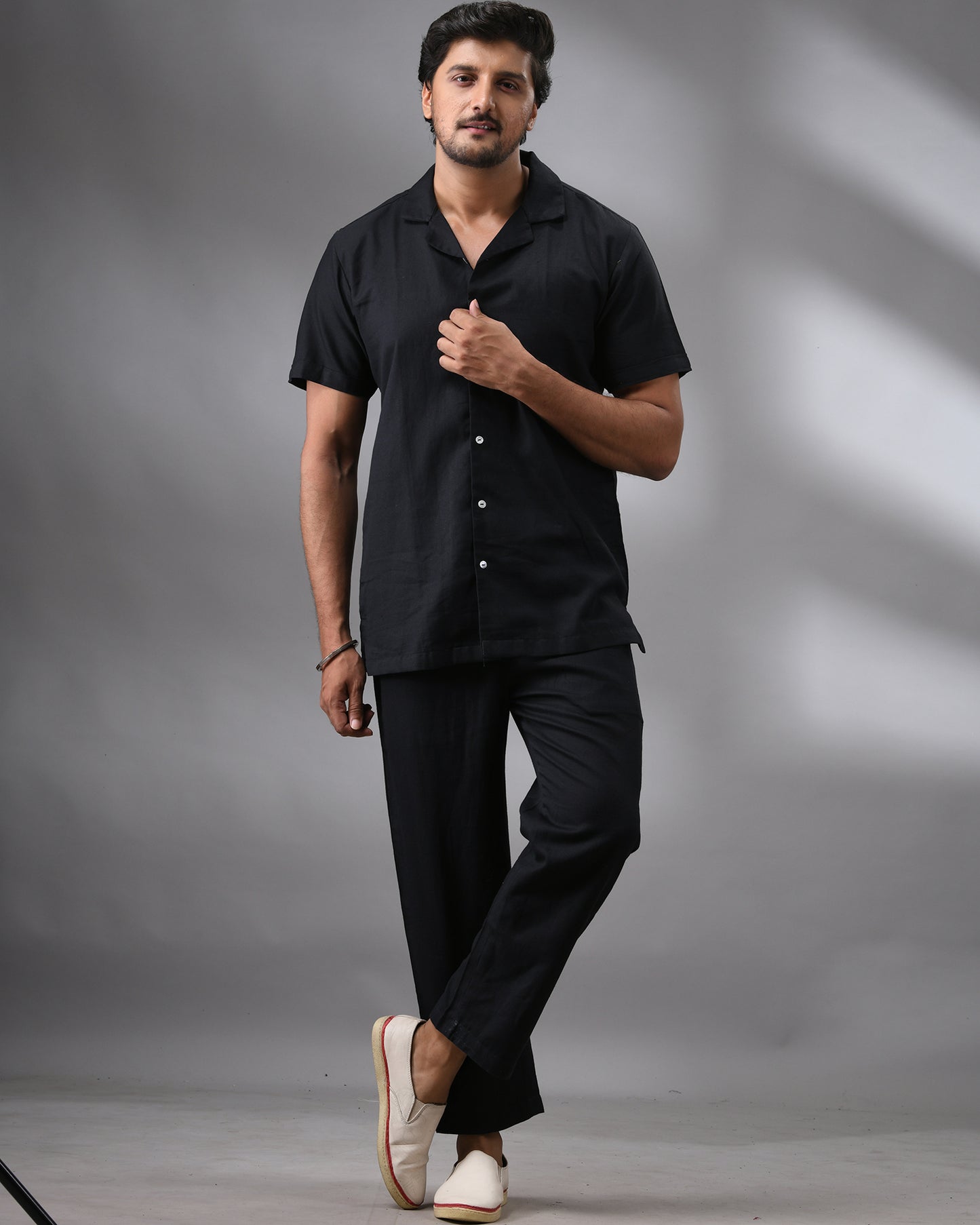Khadi Black Co-ord Set Half Sleeve Cuban Collar Shirt and Full Pant 100% Cotton for Men (Unisex)