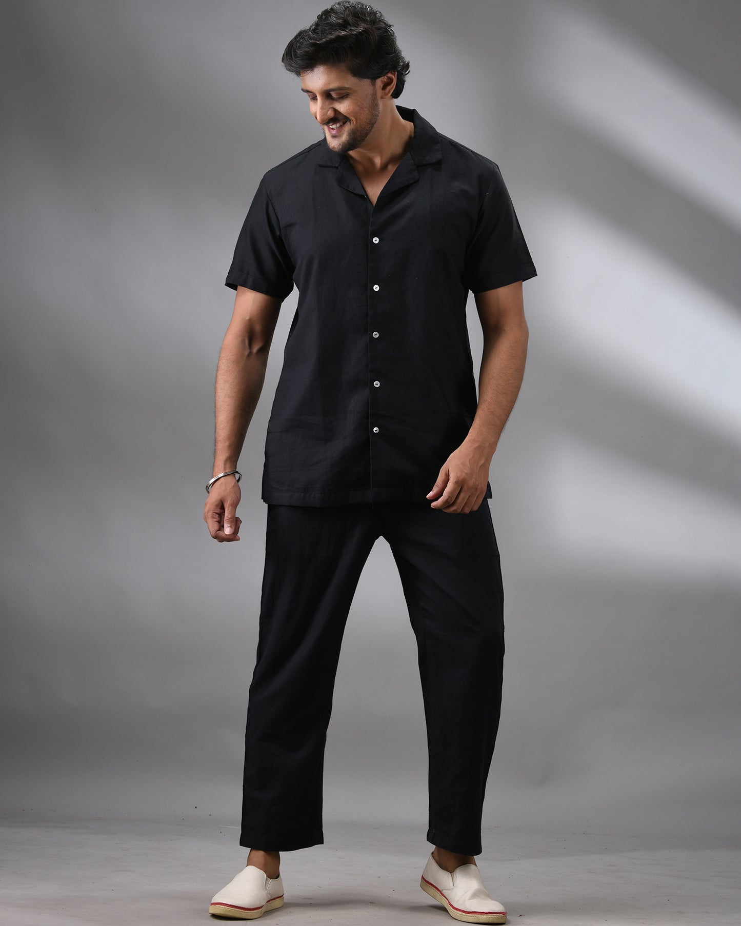 Khadi Black Co-ord Set Half Sleeve Cuban Collar Shirt and Full Pant 100% Cotton for Men (Unisex)