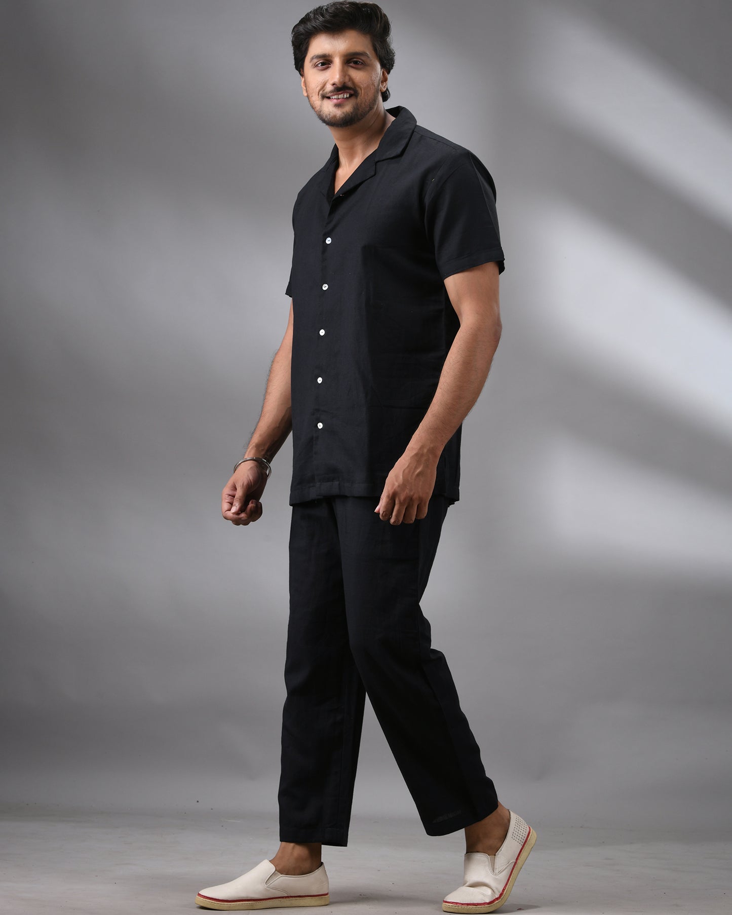 Khadi Black Co-ord Set Half Sleeve Cuban Collar Shirt and Full Pant 100% Cotton for Men (Unisex)