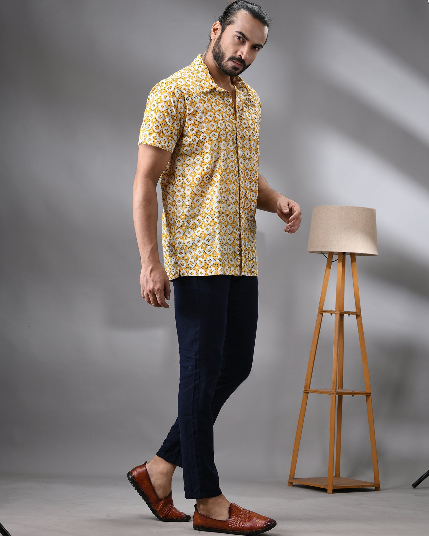 Moroccan Mosaic - Hand Block Print Half Sleeve Regular Collar Shirt 100% Cotton for Men (Unisex)