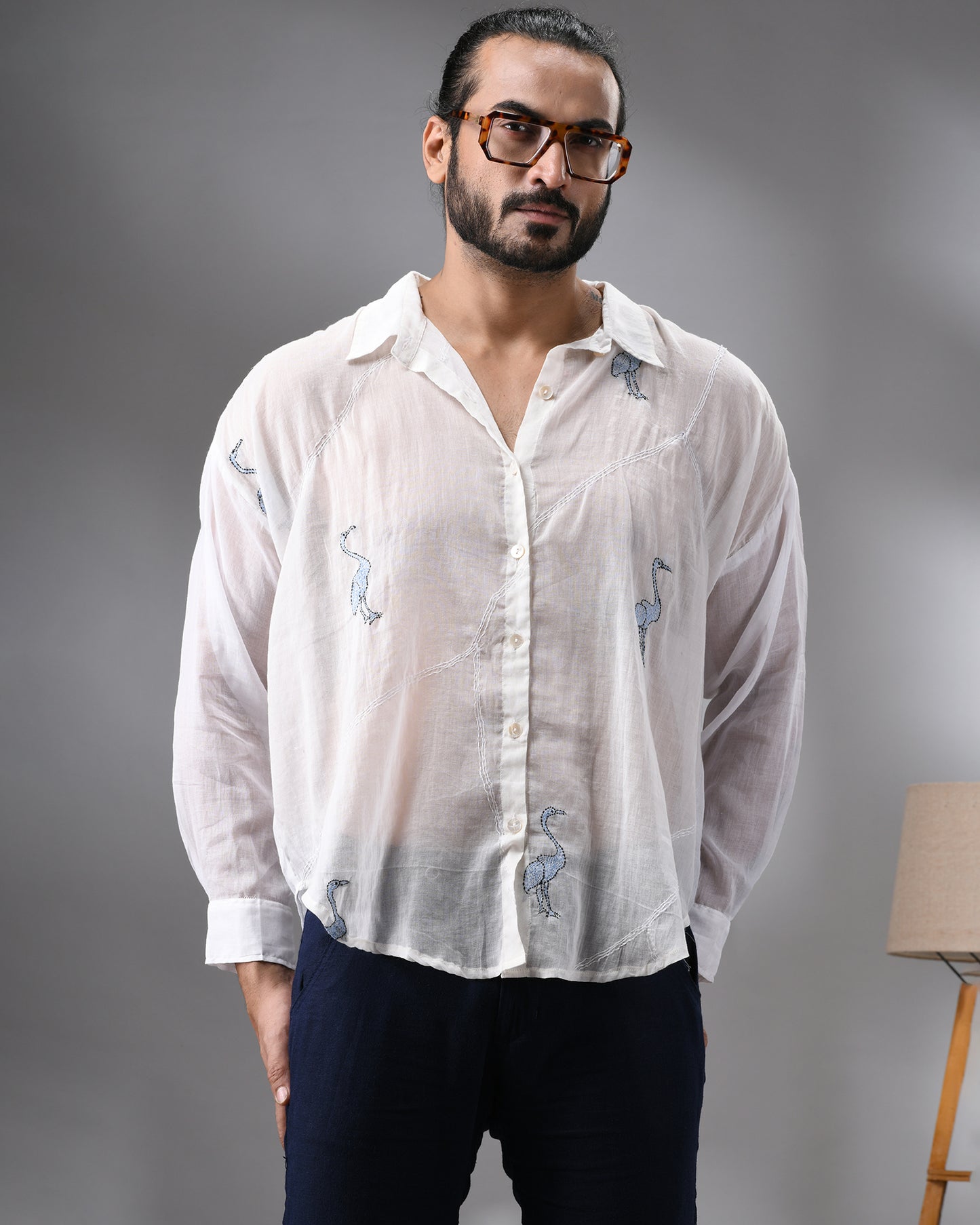 Mulmul Flamingo - Light Blue Kantha Hand Embroidery Full Sleeve Regular Collar Shirt 100% Cotton for Men (Unisex)