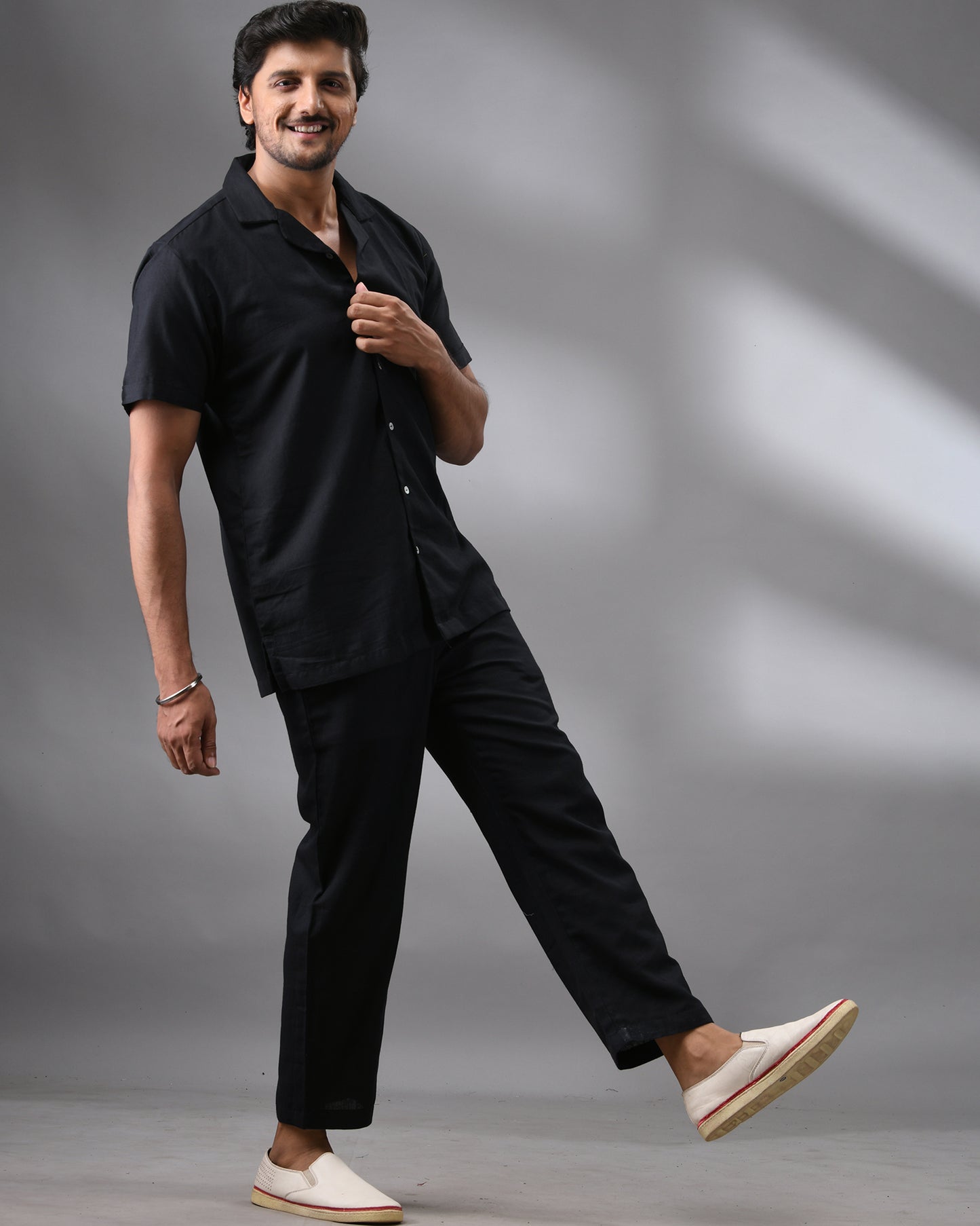 Khadi Black Co-ord Set Half Sleeve Cuban Collar Shirt and Full Pant 100% Cotton for Men (Unisex)