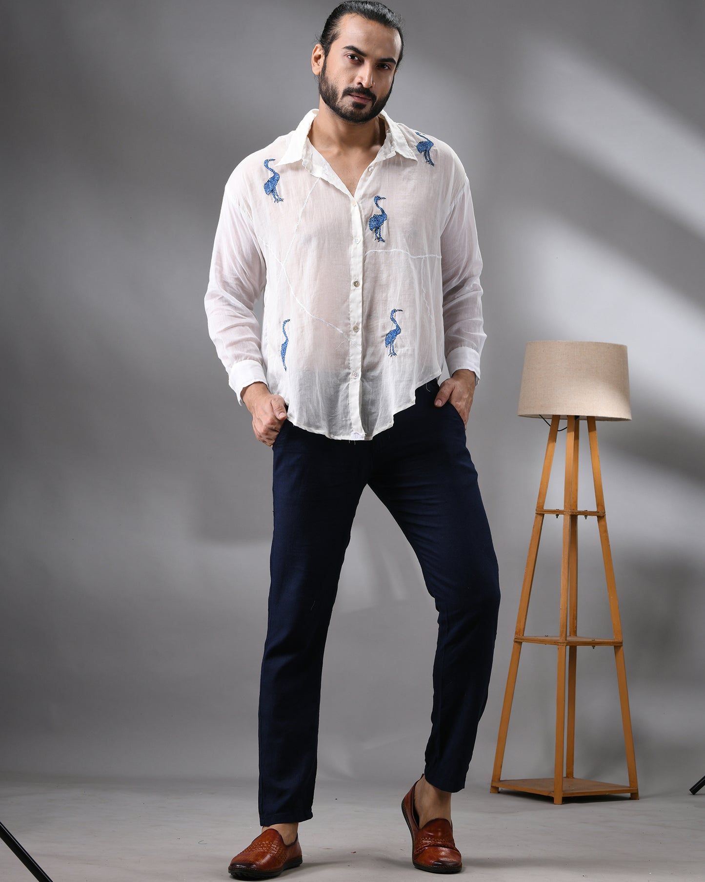 Mulmul Flamingo - Dark Blue Kantha Hand Embroidery Full Sleeve Regular Collar Shirt 100% Cotton for Men (Unisex)