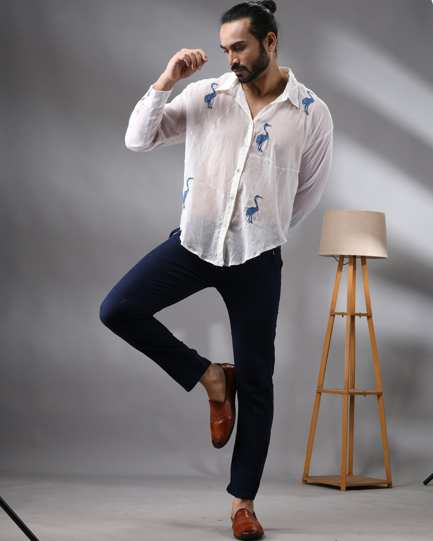 Mulmul Flamingo - Dark Blue Kantha Hand Embroidery Full Sleeve Regular Collar Shirt 100% Cotton for Men (Unisex)