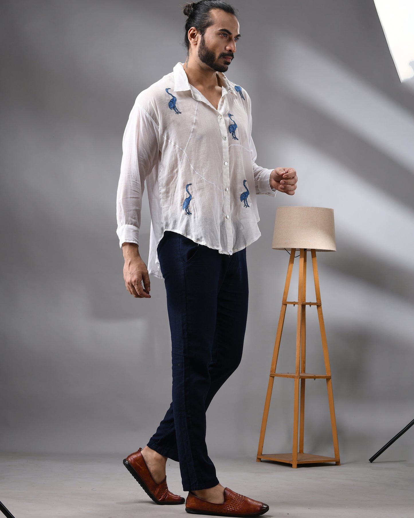 Mulmul Flamingo - Dark Blue Kantha Hand Embroidery Full Sleeve Regular Collar Shirt 100% Cotton for Men (Unisex)