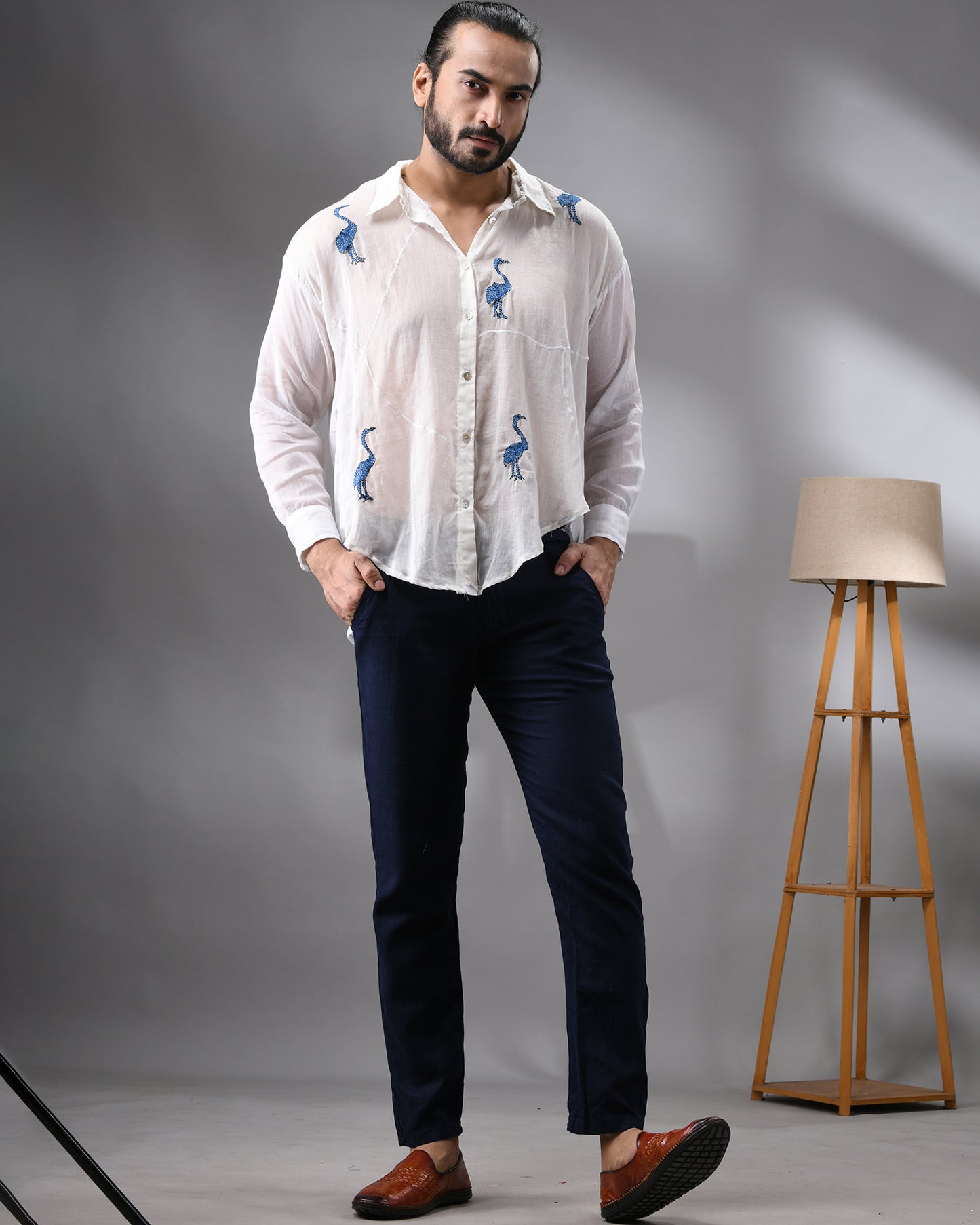 Mulmul Flamingo - Dark Blue Kantha Hand Embroidery Full Sleeve Regular Collar Shirt 100% Cotton for Men (Unisex)