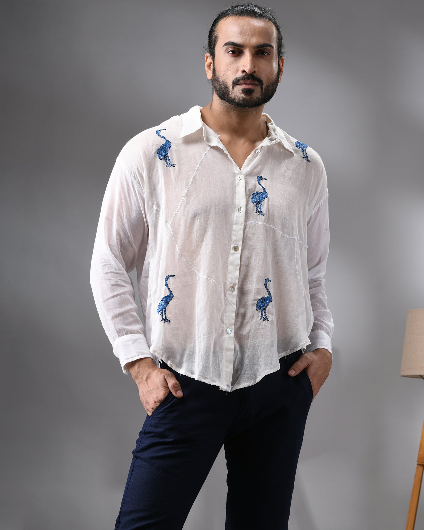 Mulmul Flamingo - Dark Blue Kantha Hand Embroidery Full Sleeve Regular Collar Shirt 100% Cotton for Men (Unisex)