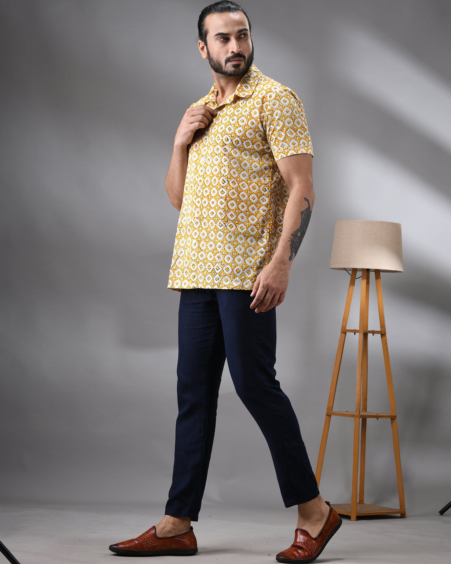 Moroccan Mosaic - Hand Block Print Half Sleeve Regular Collar Shirt 100% Cotton for Men (Unisex)