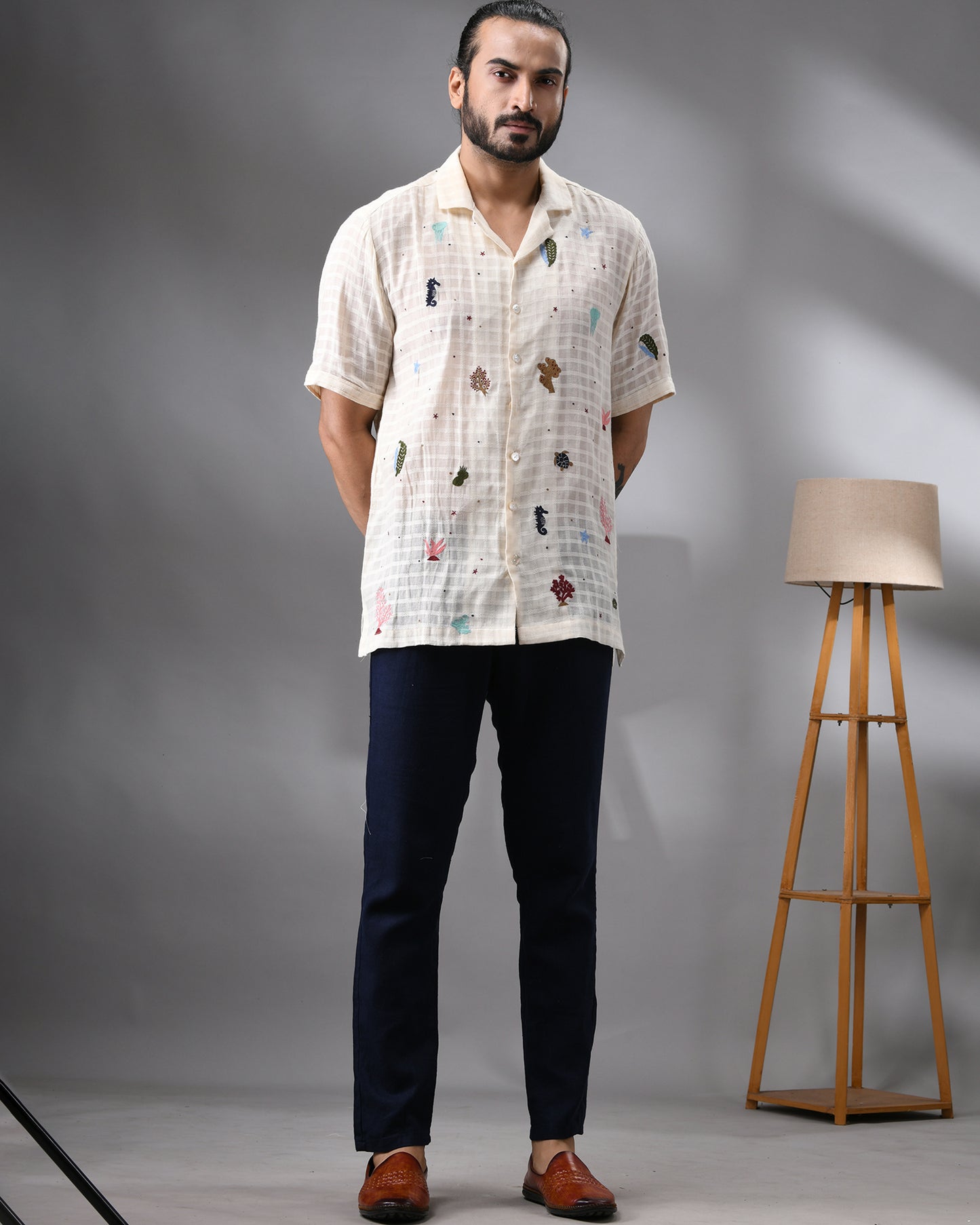 Ocean - Emboss Kora Thread Embroidery Half Sleeve Cuban Collar Shirt 100% Cotton for Men (Unisex)