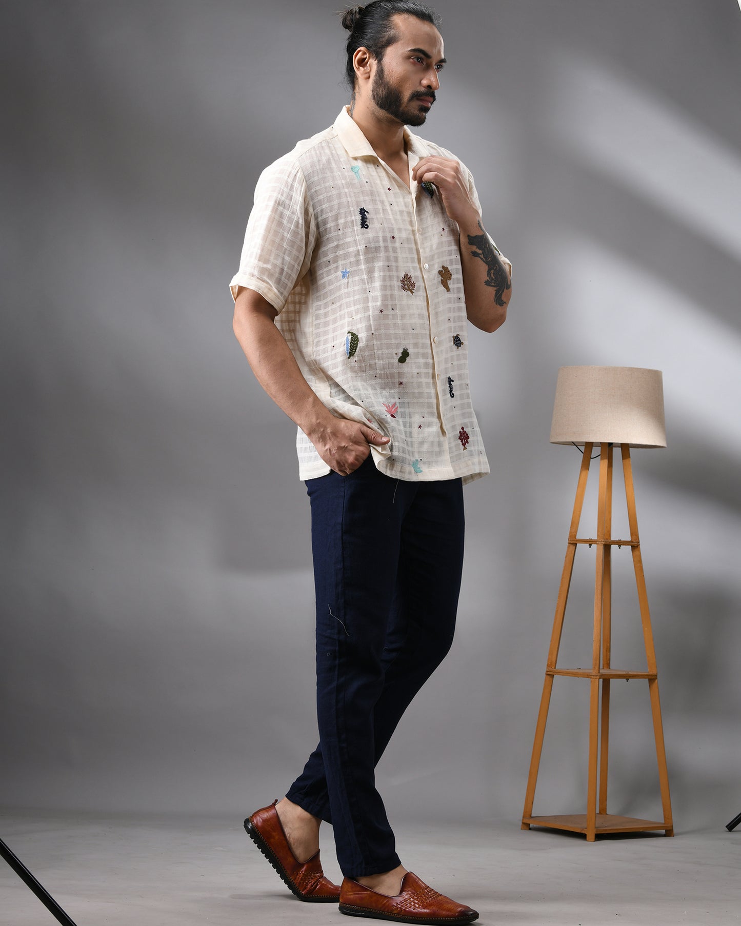 Ocean - Emboss Kora Thread Embroidery Half Sleeve Cuban Collar Shirt 100% Cotton for Men (Unisex)